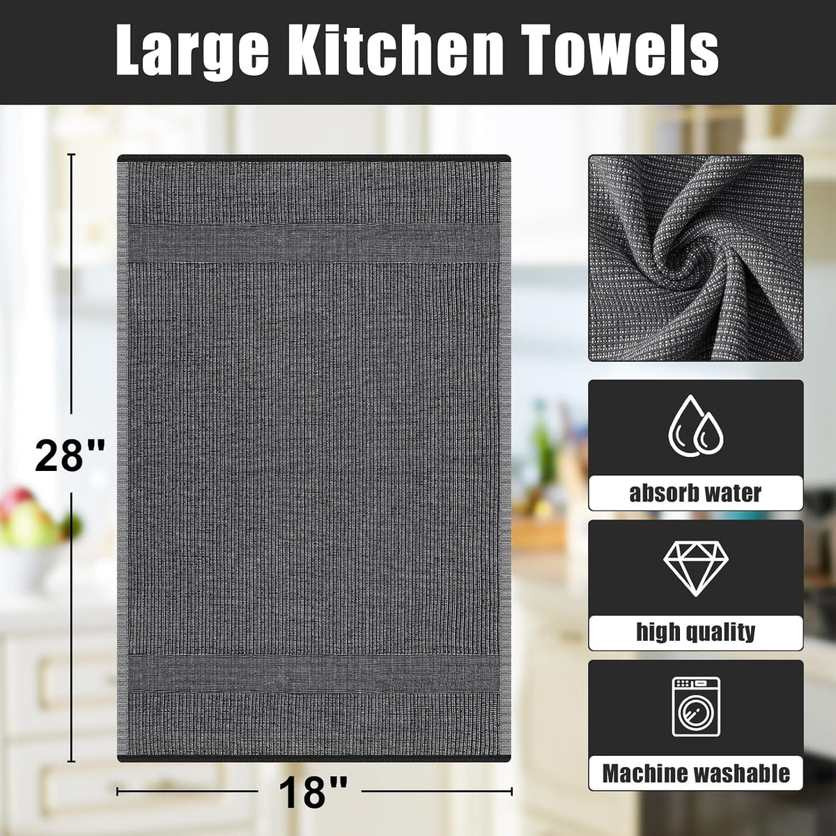 Homaxy 380 GSM Cotton Premium Kitchen Towels 8 Pack, 18"x 28", Black | Flat and Terry Dish Towels, Highly Absorbent Tea