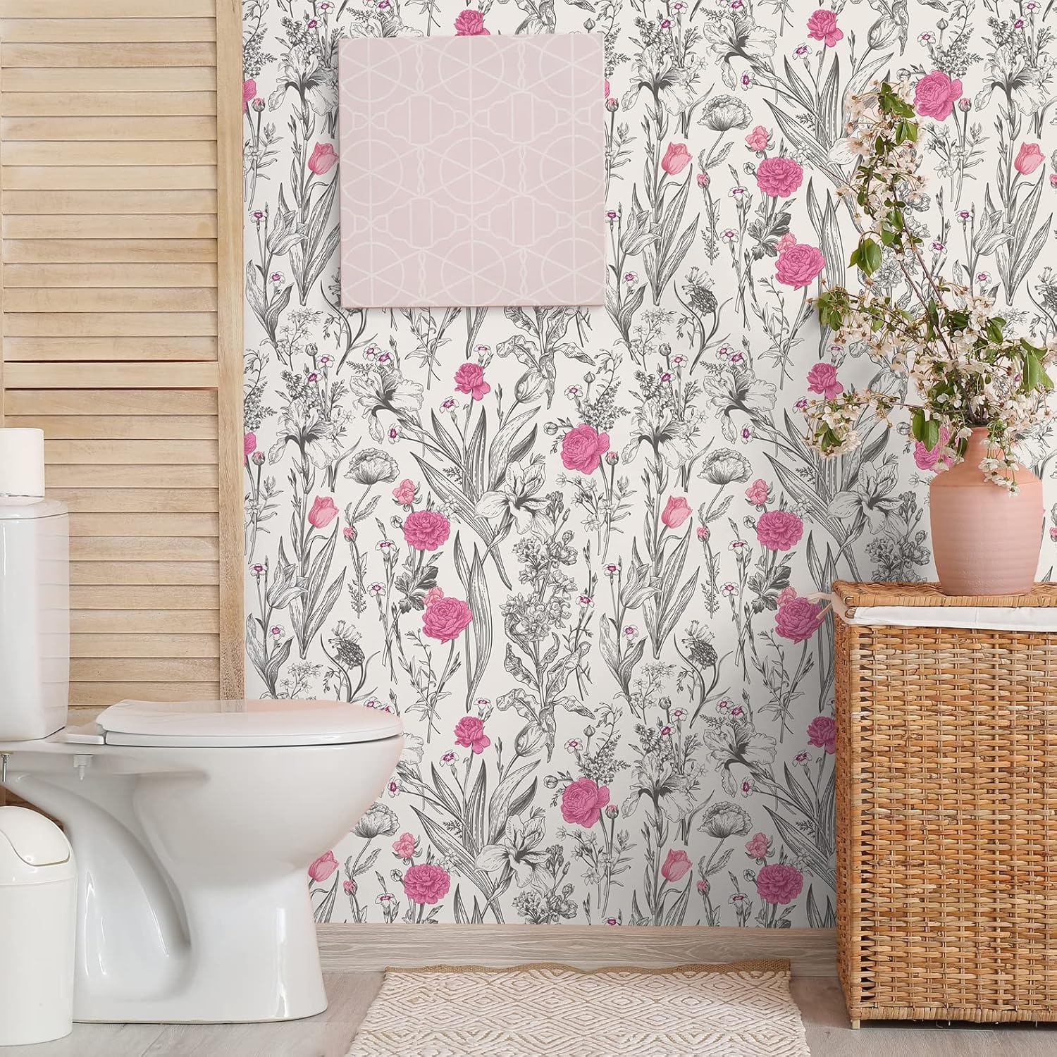17.7''x354'' Grey Sketch Floral Wallpaper Vintage Pink Flower Peel / 17.7 x 354 / Grey, Pink