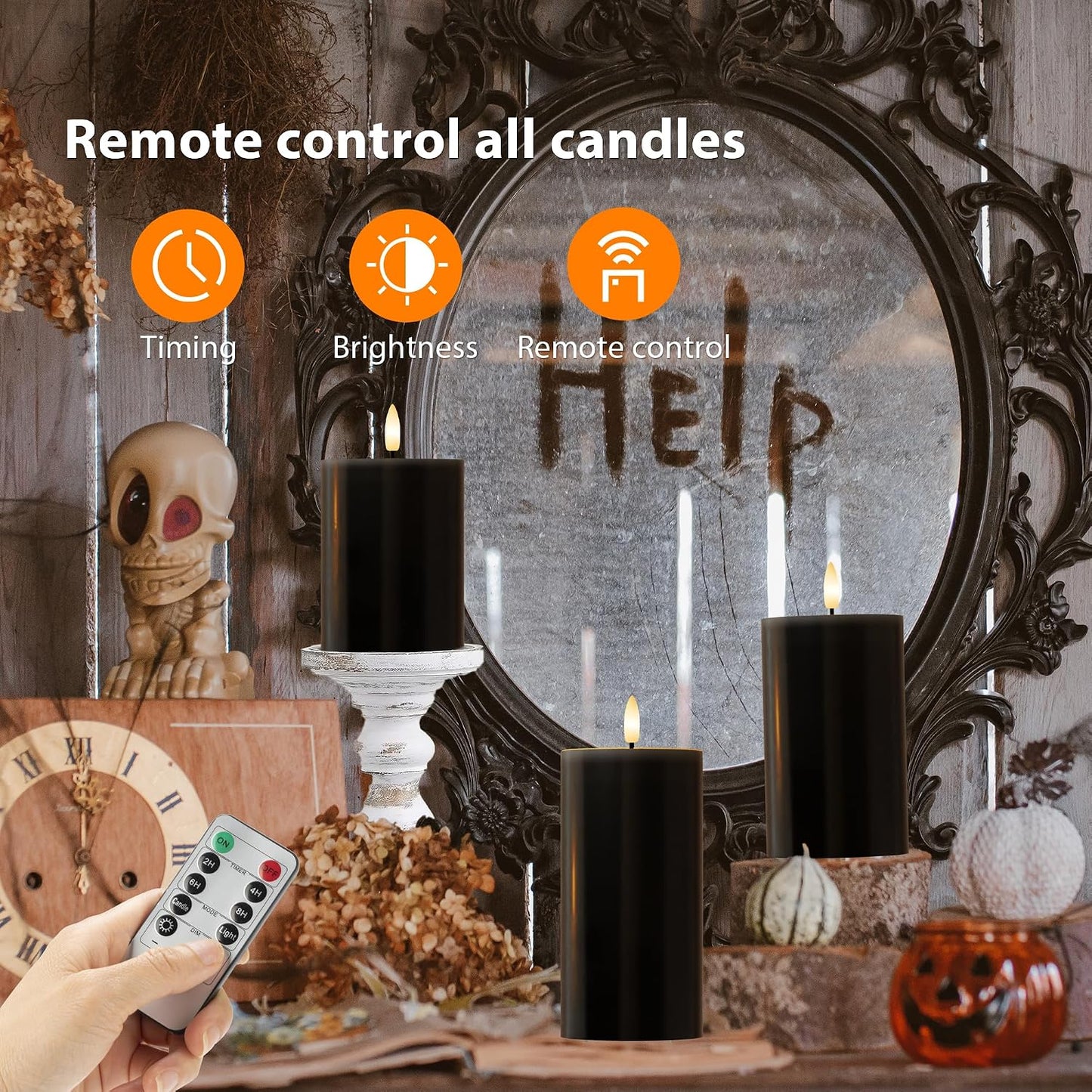 Halloween Flameless Candles with Remote, Battery Operated Candles | Gothic LED Candles, Real Wax Flickering Flameless