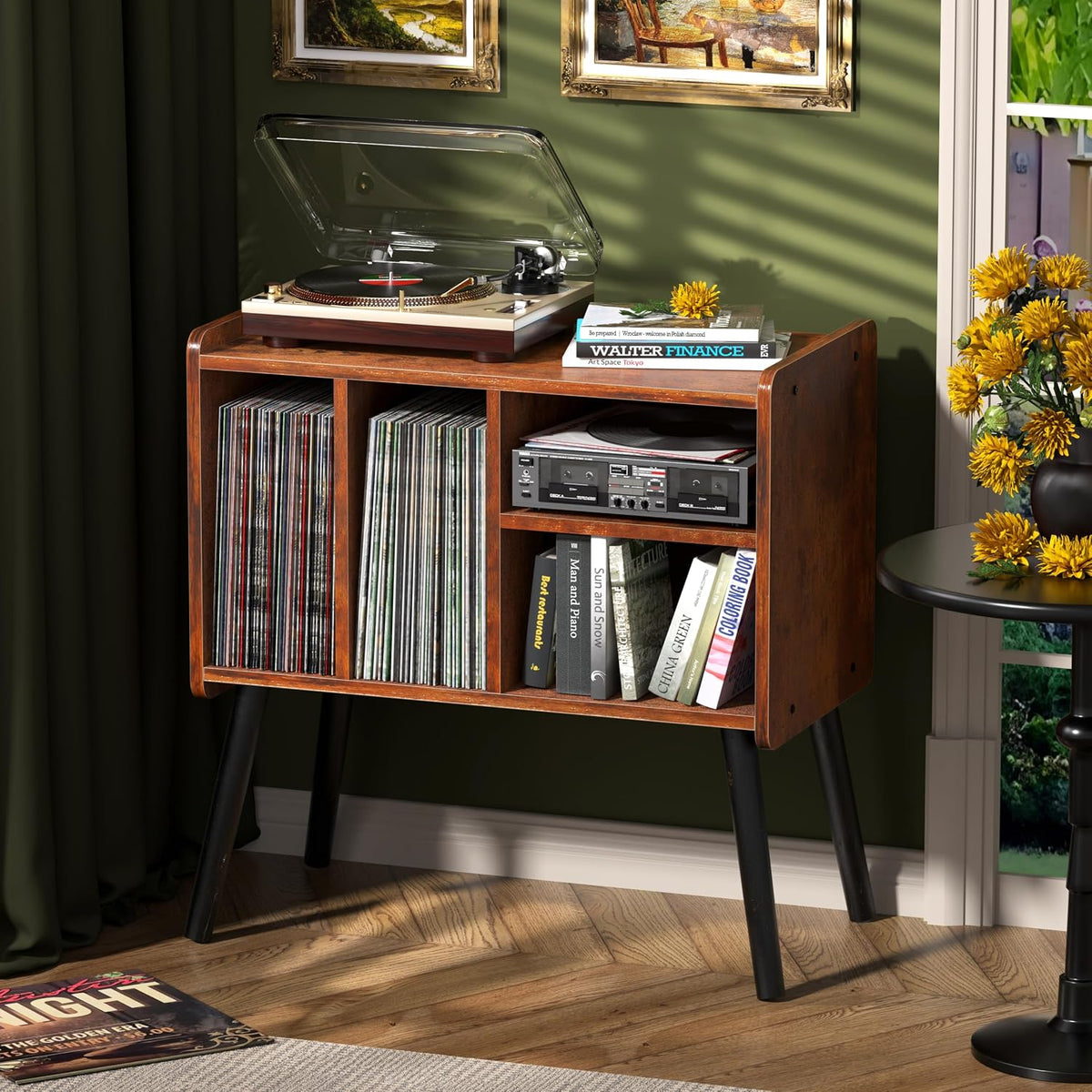 Record Player Table, Mid-Century Record Player Stand Hold Up to 150+ Albums | with Vinyl Storage Vinyl Record Cabinet