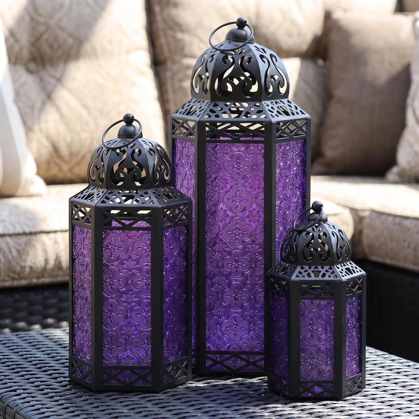 VELA LANTERNS Set of 3 Purple Glass & Black Metal Moroccan Candle Lantern Holders (XL, Large, Small) - Decorative