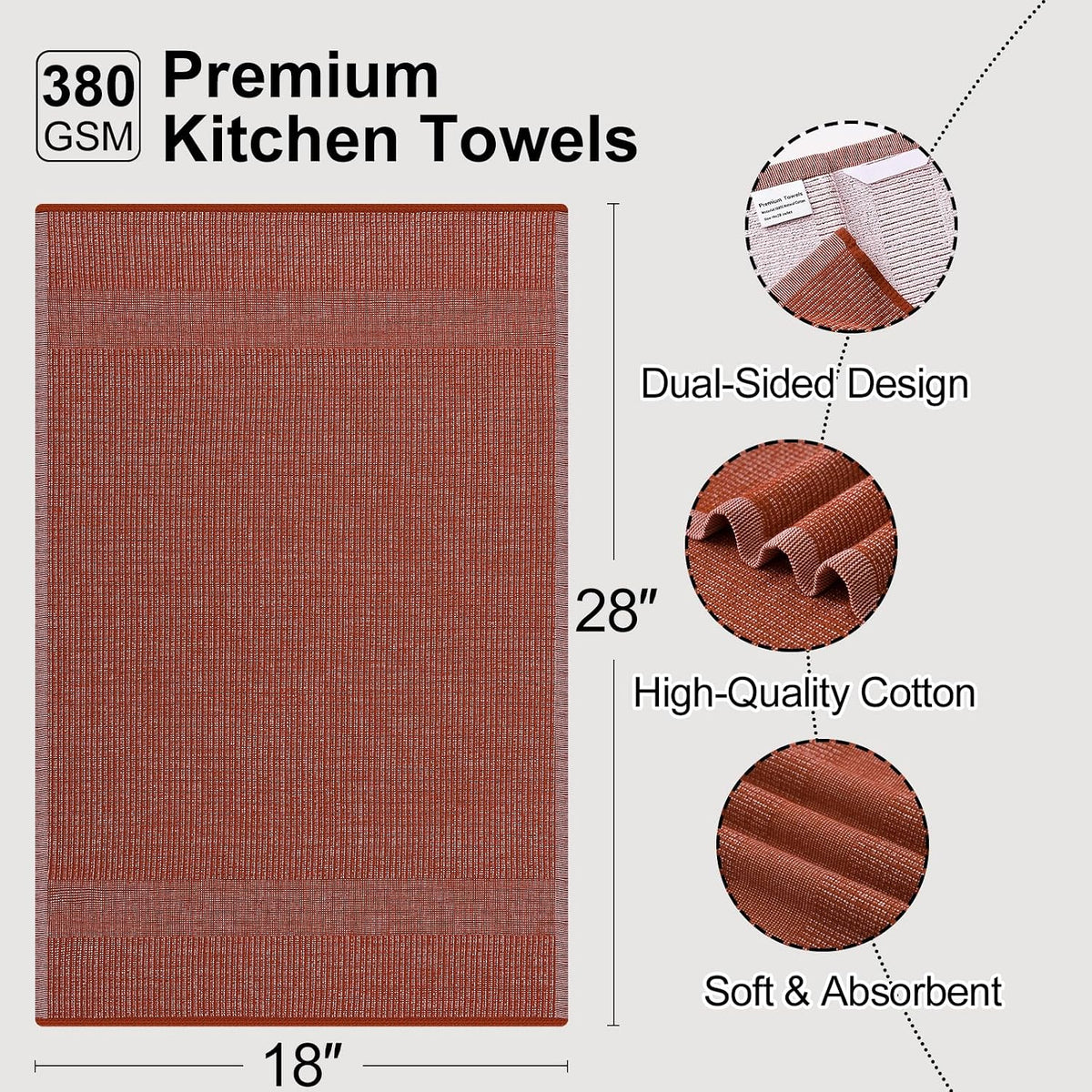 Mordimy Premium Large Cotton Kitchen Towels (18"x 28", 8 Pack), Rust | 100% Ring Spun Cotton, Super Absorbent, 380 GSM