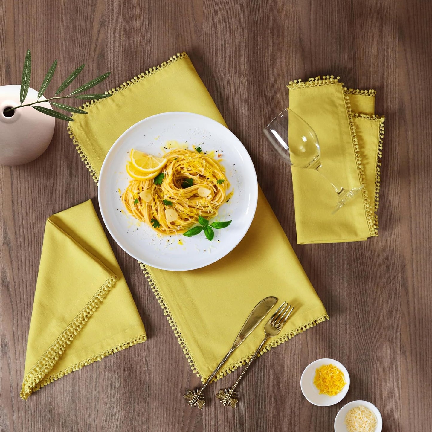 Bedding Craft Cotton Cloth Dinner Napkins Set of 12 – 18x18 Yellow with Decorative Lace Selvedge – Durable Machine