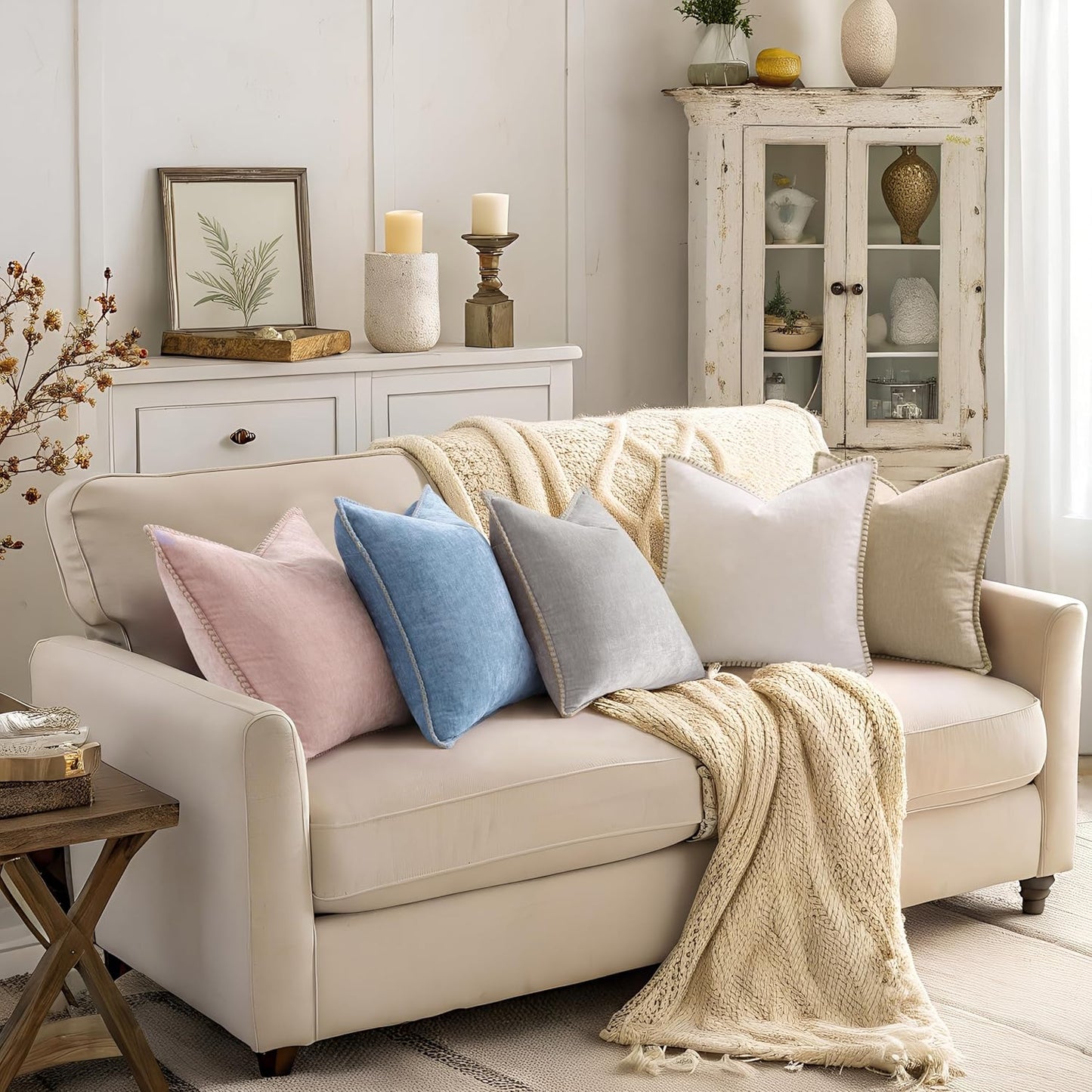 Fall Chenille Soft Throw Pillow Covers / Beige / 18 x 18 / Set of 2