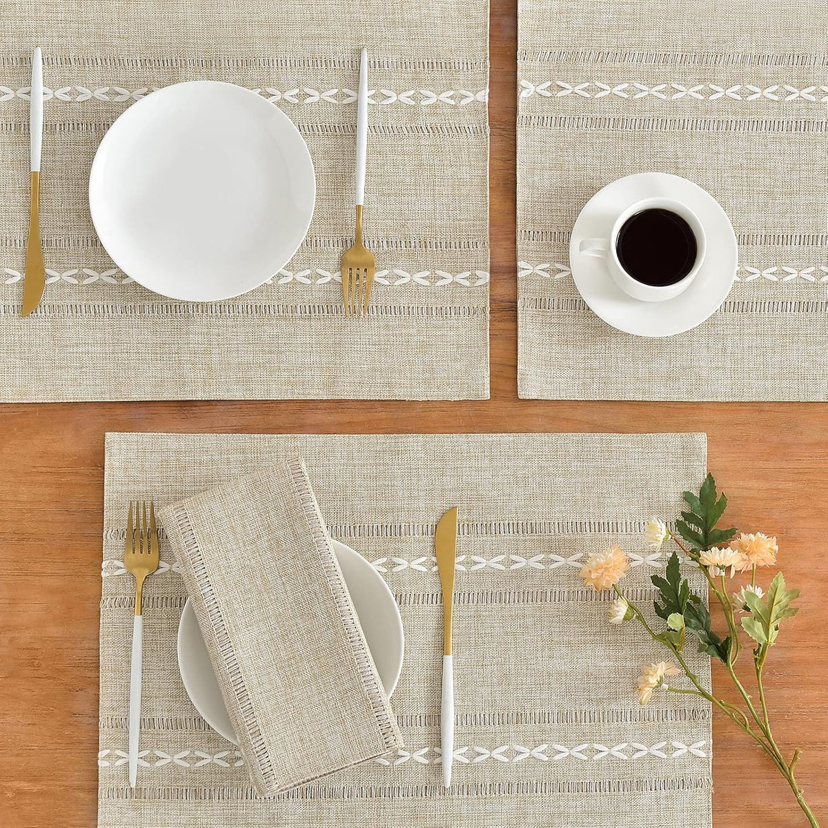 Wracra Cotton Linen Place Mats, Coffee Embroidered Placemats Set of 8 | Placemats 12 x 18 Inch; Cotton Linen Woven