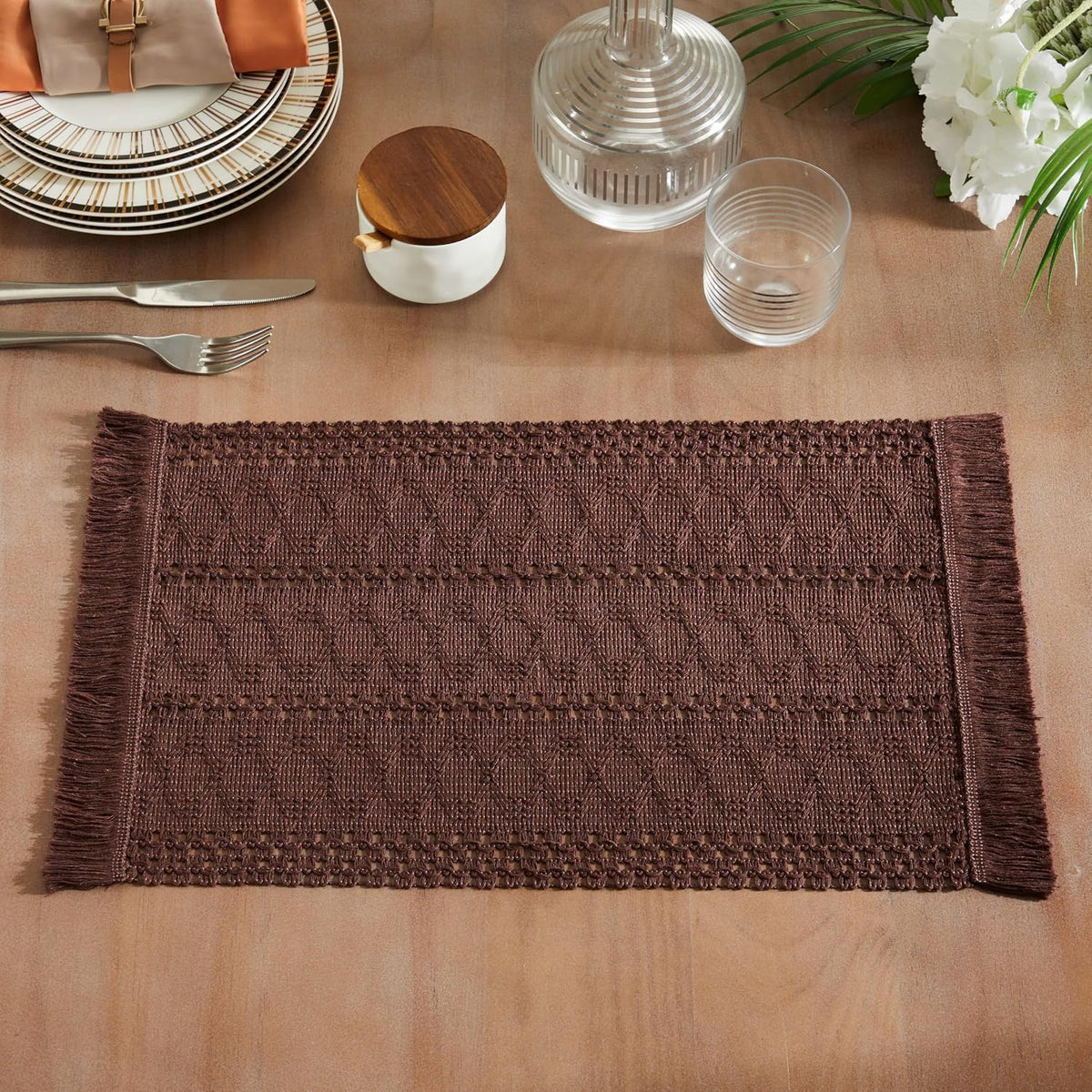 Macrame Style Boho Placemats Set of 6, Chocolate 12x20 Inch | Decorative Farmhouse Table Mats, Natural Cotton Woven