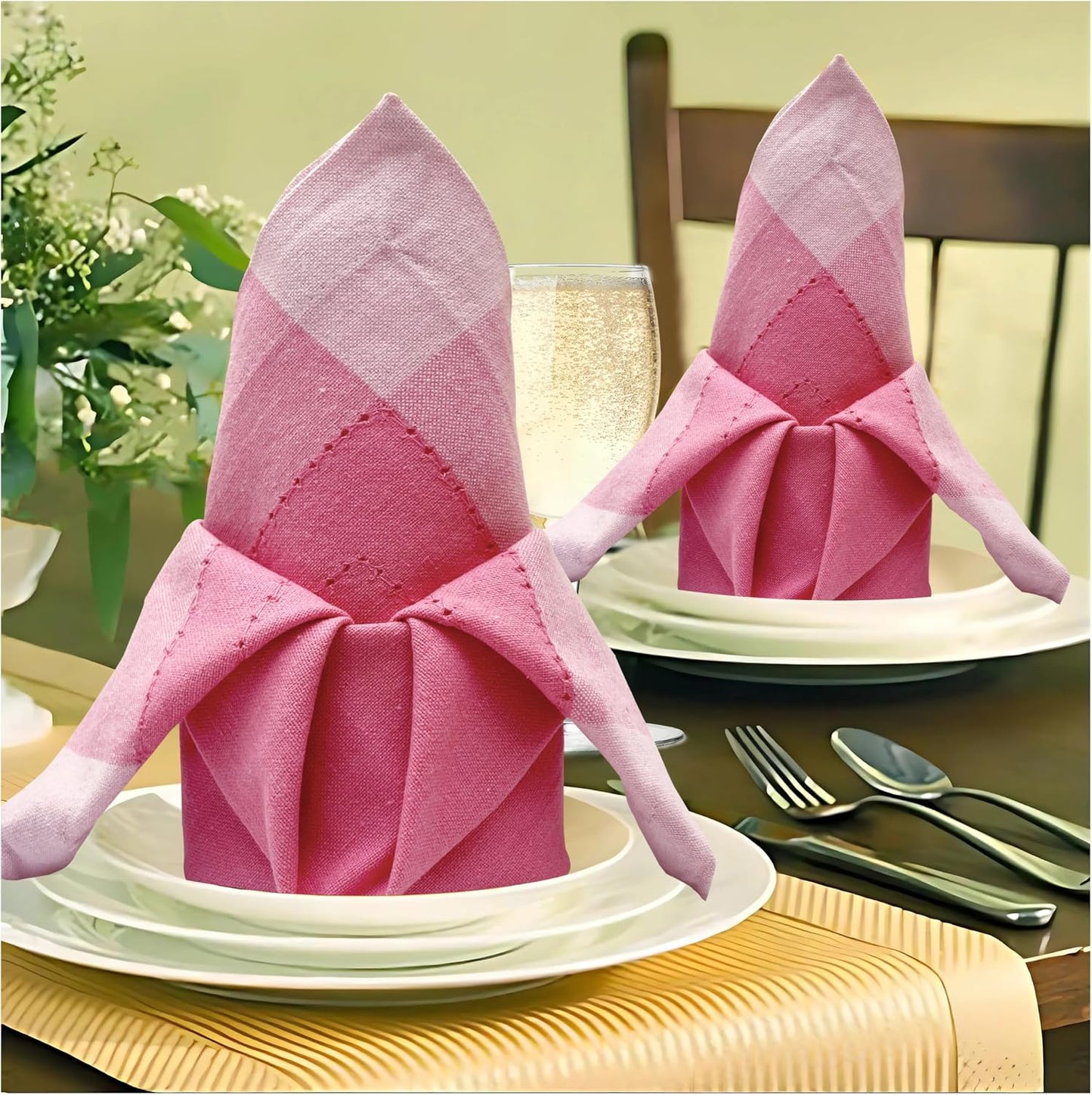 Bedding Craft Cotton Cloth Dinner Napkins Set of 12 – 20x20 Pink Multi Double Hemstitched – Machine Washable Fabric