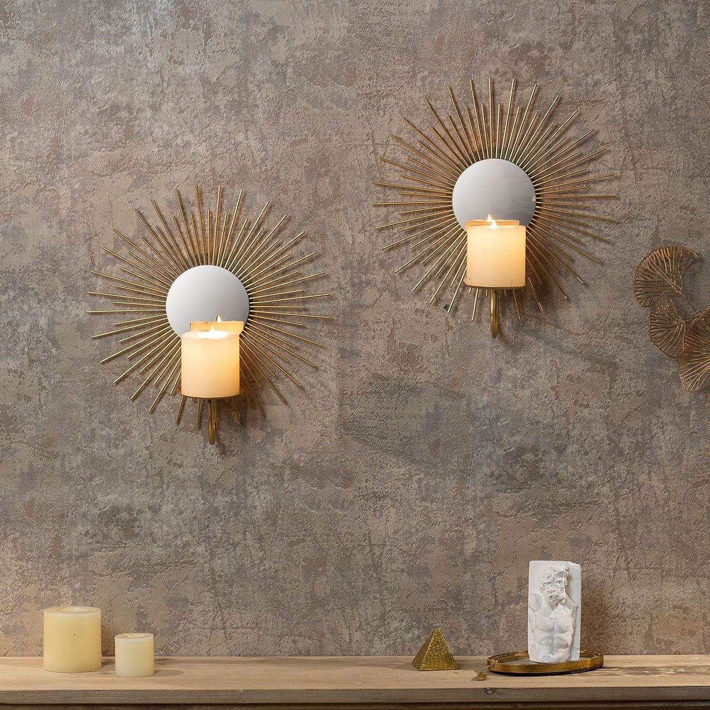 AIM & GGKK Wall Candle Sconce Holder,Set of 2 Mirror Wall Mounted Metal Candle Holder for Home,Living Room, Dining