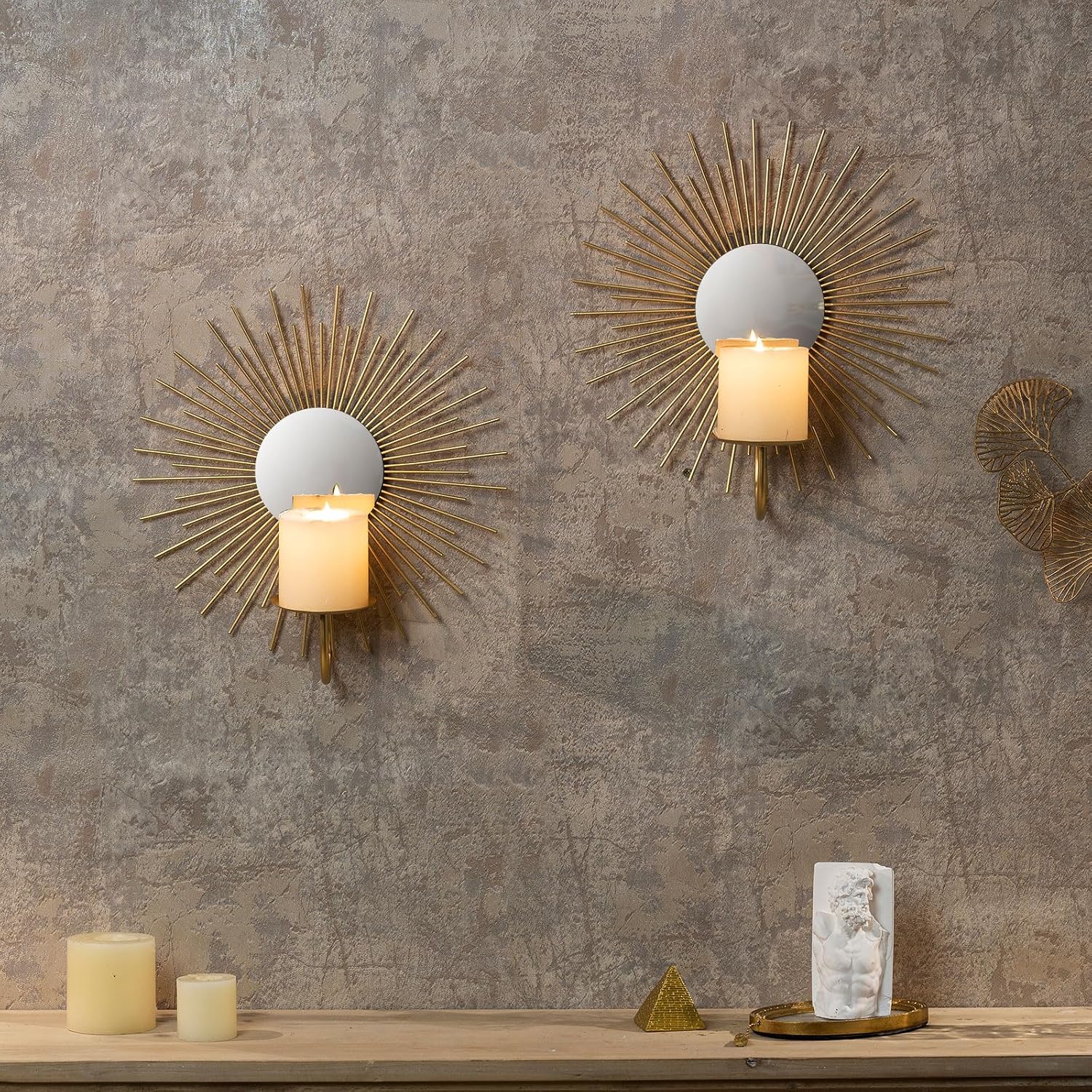 AIM & GGKK Wall Candle Sconce Holder,Set of 2 Mirror Wall Mounted Metal Candle Holder for Home,Living Room, Dining