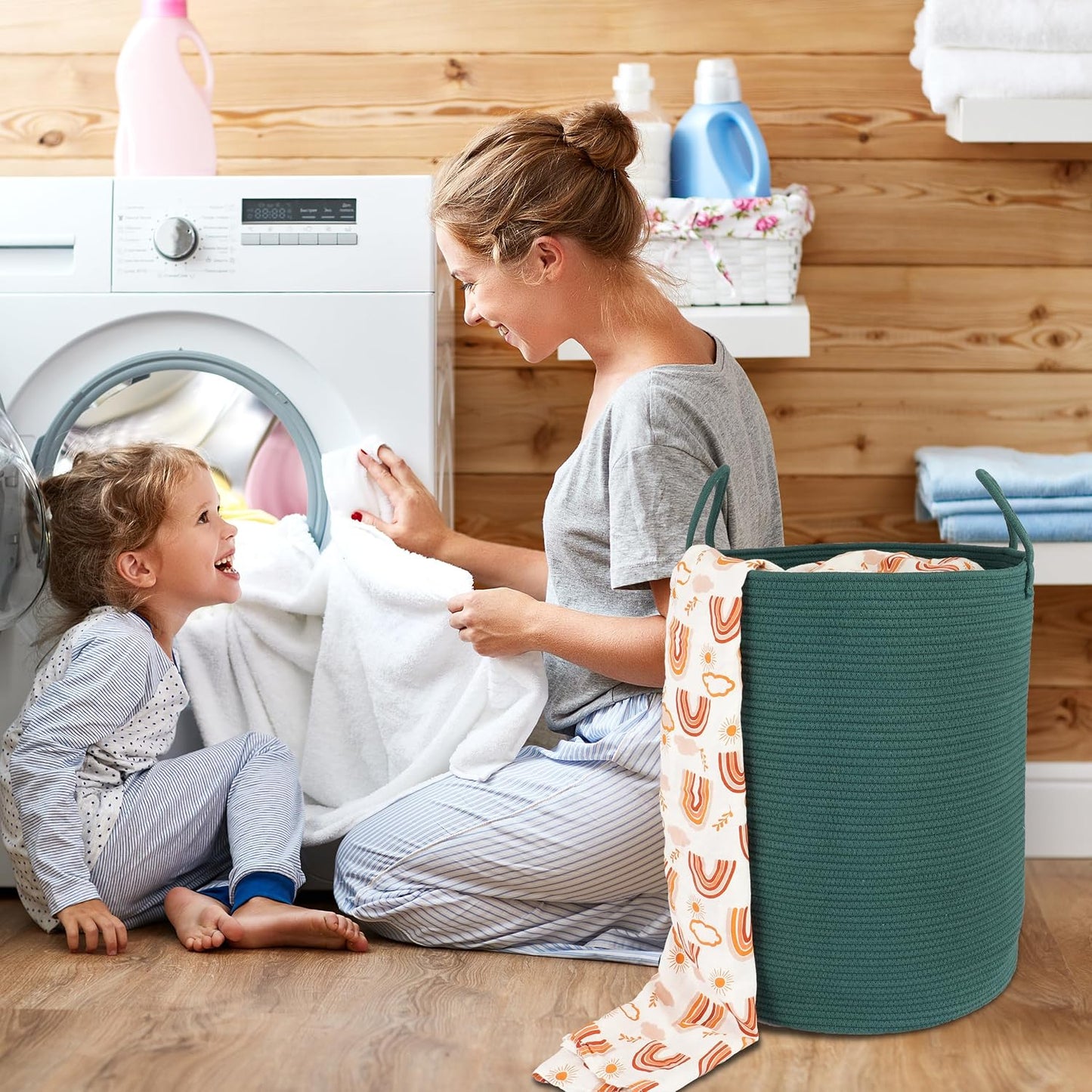 Cotton Rope Laundry Basket Hamper for Clothes Woven Storage Basket / Large / Dark Green