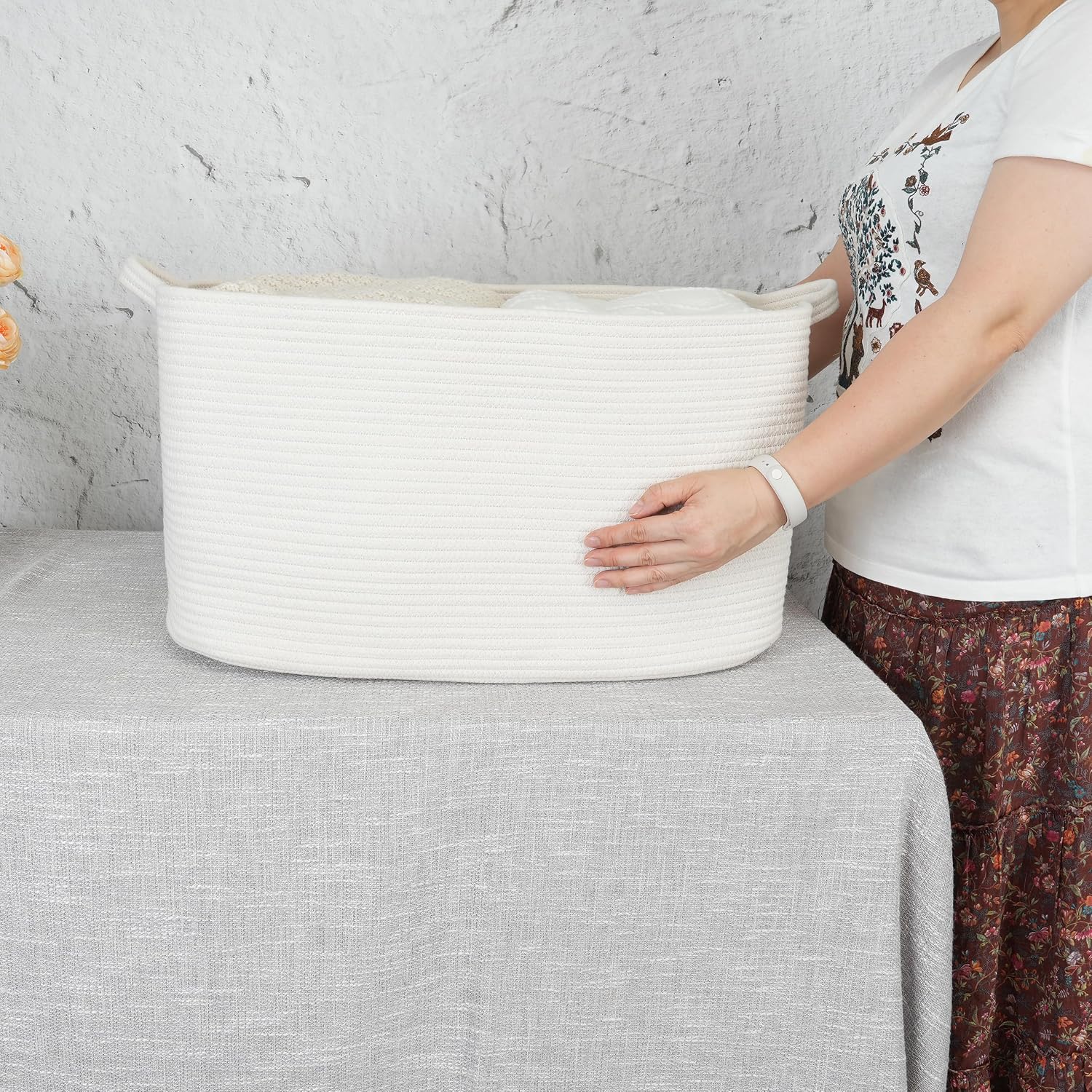 Large Rectangle Blankets Basket Living Room " Woven Cotton Rope Storage / White / 22 x 17 x 12