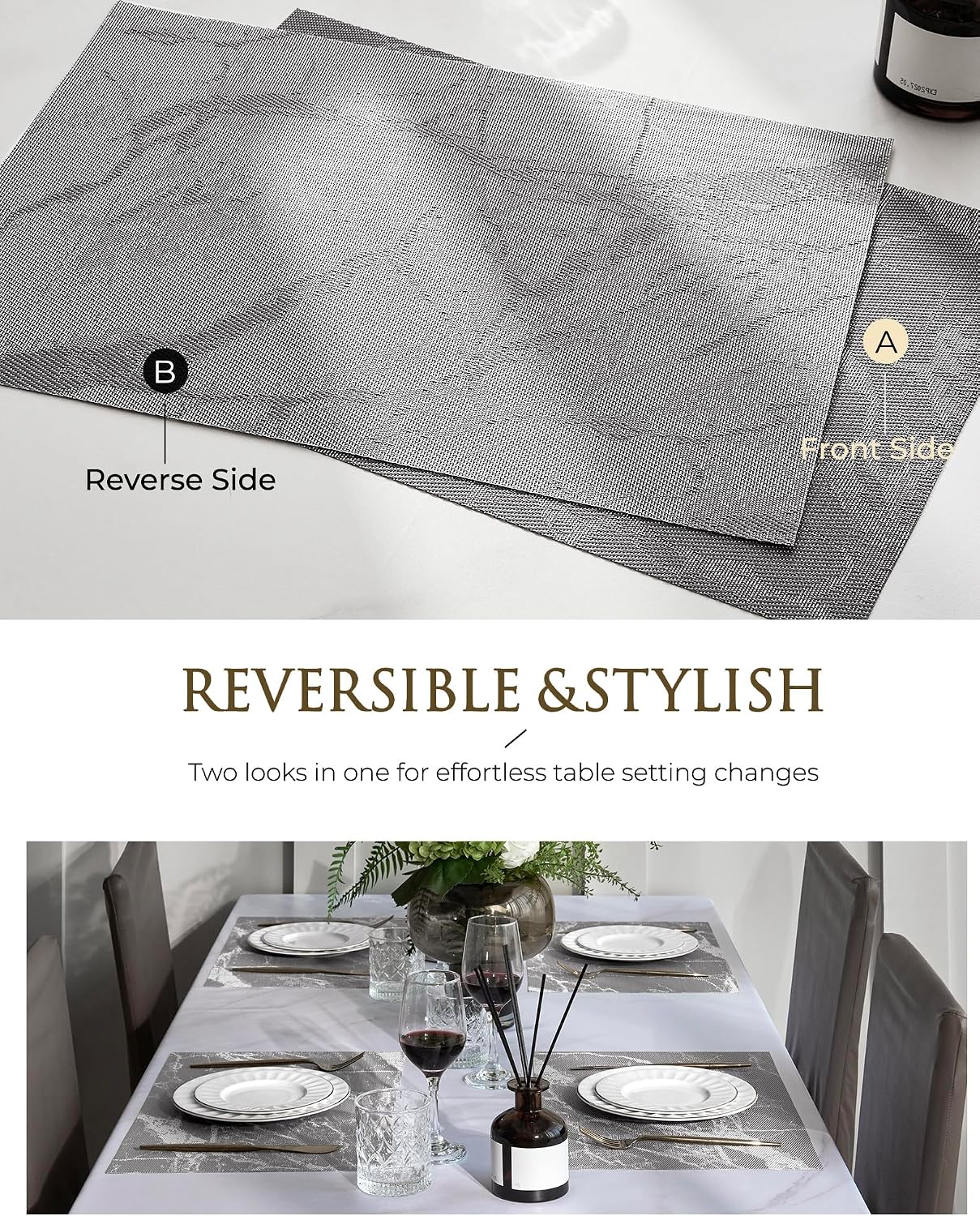 Leetaltree Woven Vinyl Placemats Set of 8,Gray Marble | High Density，Stain Resistant, Easy to Clean, Washable Table