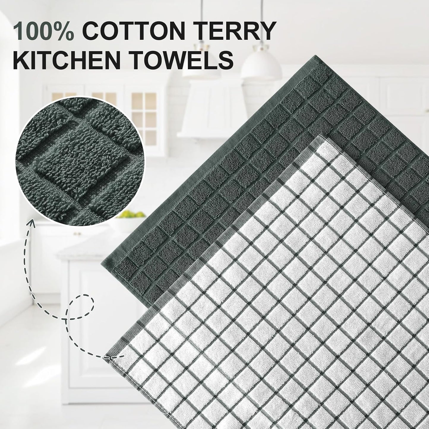 Homaxy Large Premium Cotton Kitchen Towels 16"x 28", 12 Pack, Dark Green | Natural Ring Spun 390 GSM Dish Towels, Super