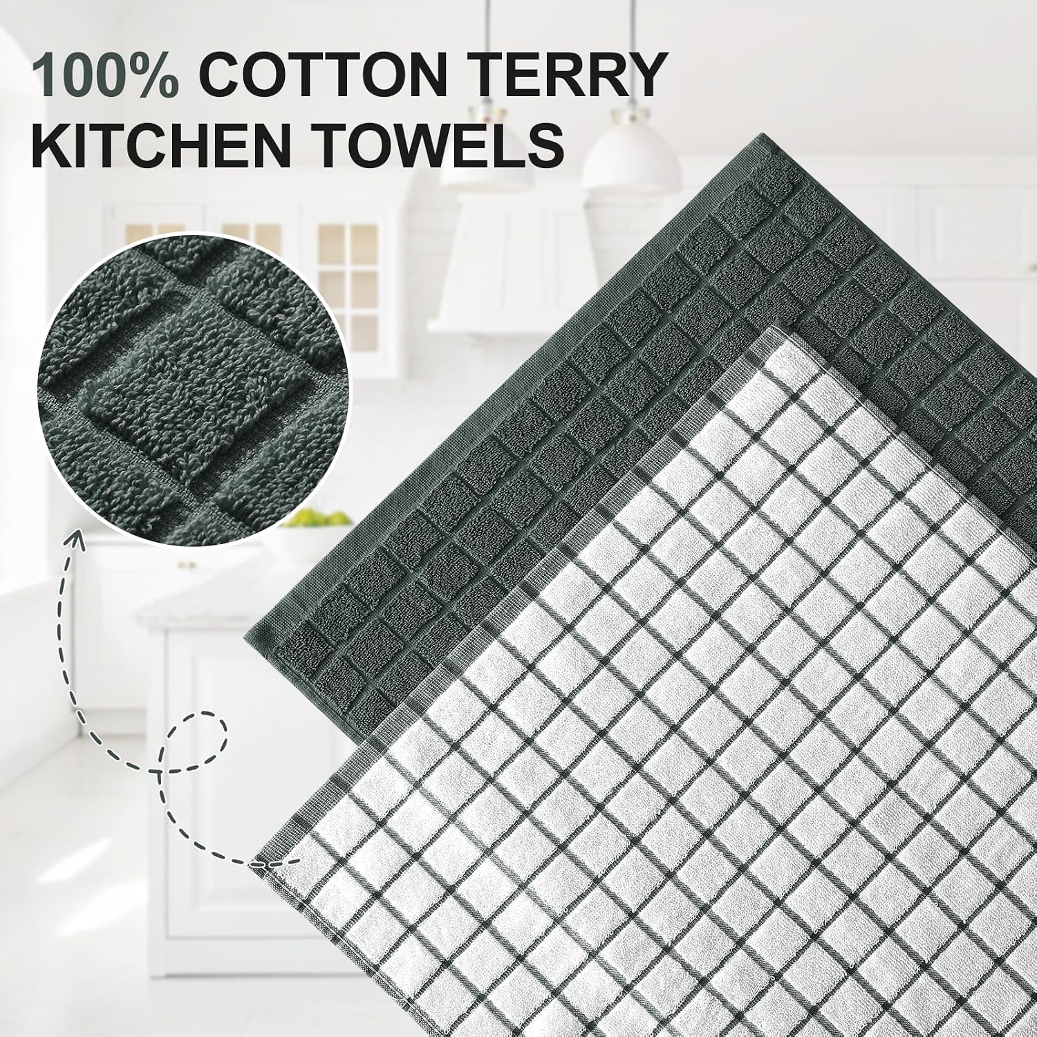 Homaxy Large Premium Cotton Kitchen Towels 16"x 28", 12 Pack, Dark Green | Natural Ring Spun 390 GSM Dish Towels, Super