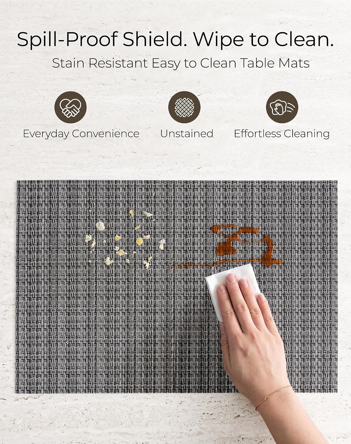 Leetaltree Woven Vinyl Placemats Set of 8, Charcoal Gray | High Density, Basketweave Woven, Stain Resistant, Easy to