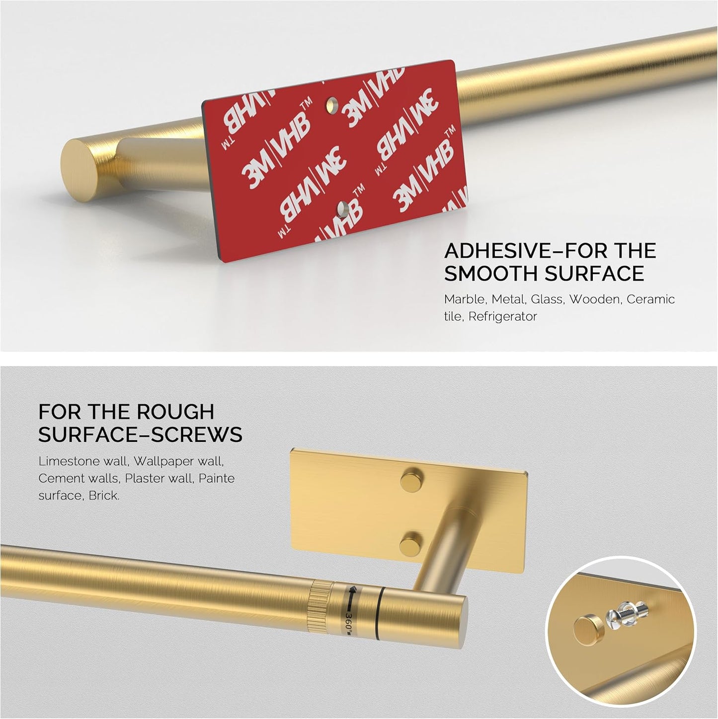 Gold Paper Towel Holder Under Cabinet Self Adhesive or Wall Mount | 304 Stainless Steel Post Pivoting Design No