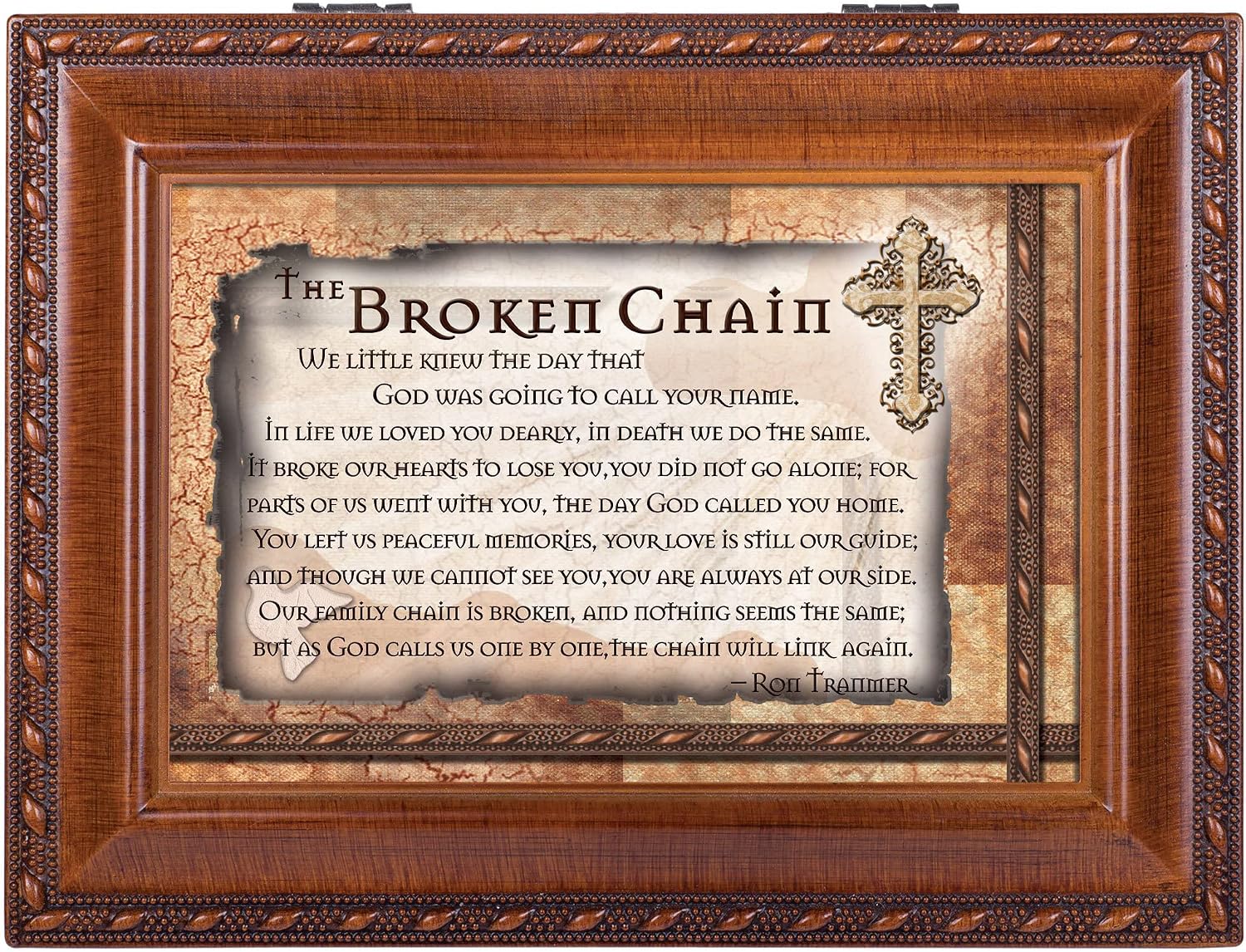 Broken Chain Inspirational Woodgrain Rope Trim Music Box Plays Amazing Grace