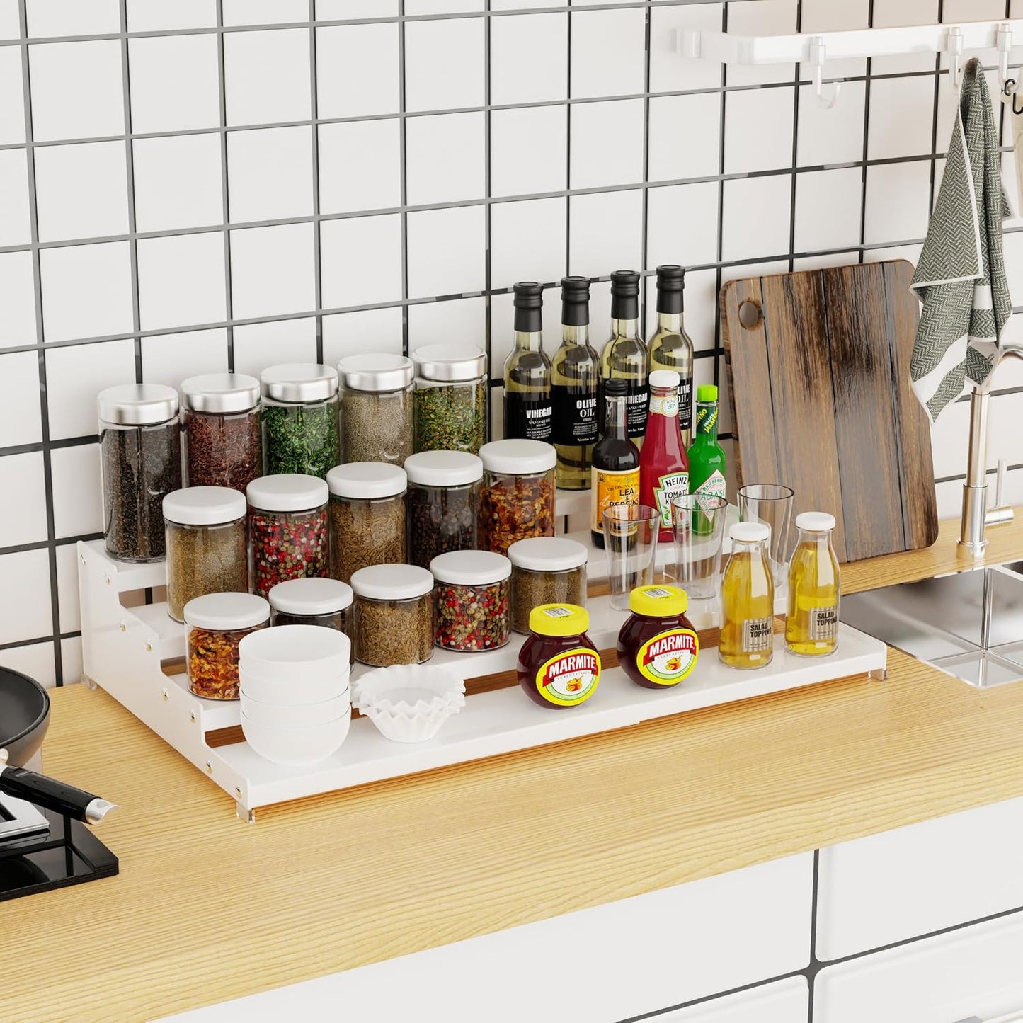 Jojocross Expandable 4-Tier Step Spice Rack Organizer for Kitchen Cabinet Modern Design and Non Skid Space Saving