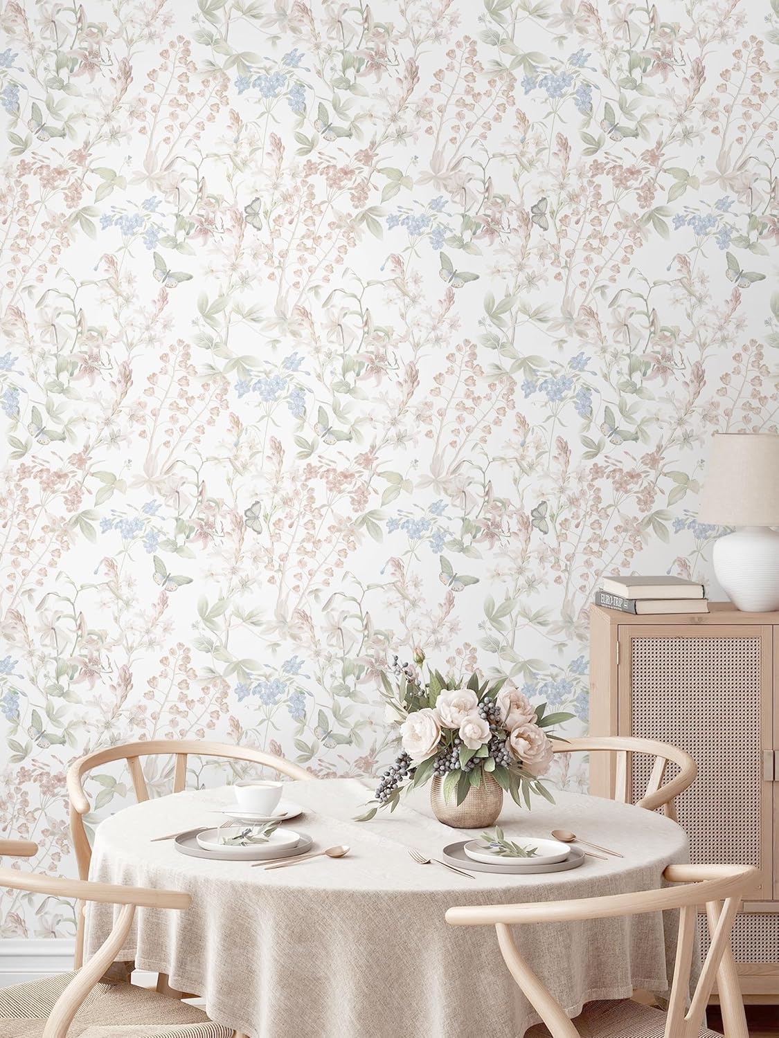 Floral Wallpaper Pink Peel and Stick Wallpaper White Boho Contact Paper / Flutter Pink / 17.3 x 197
