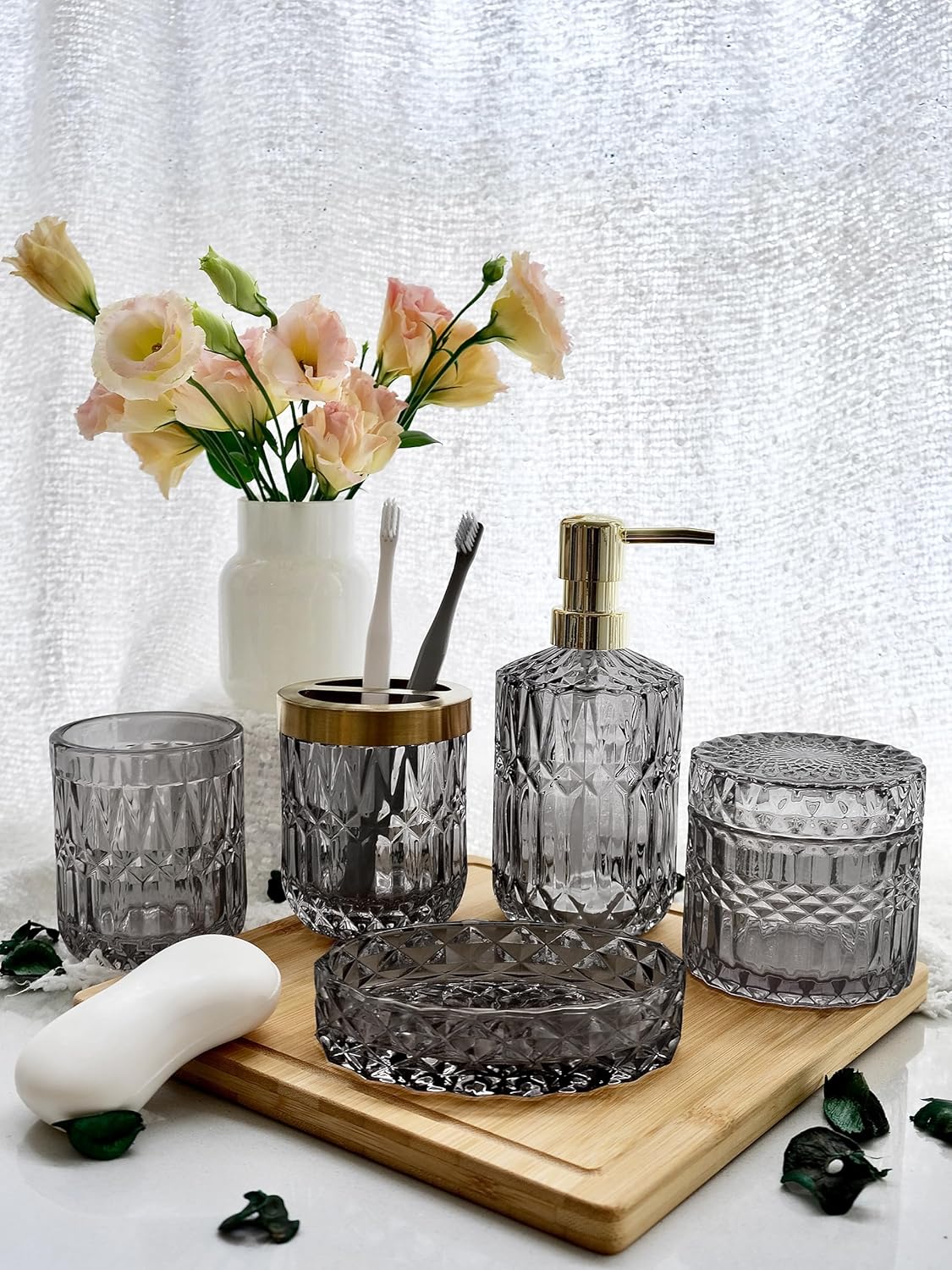 LaMarriti Gray Bathroom Accessories Set, 5Pcs Glass Bathroom Set | Soap Dispenser and Toothbrush Holder Set, Soap Dish