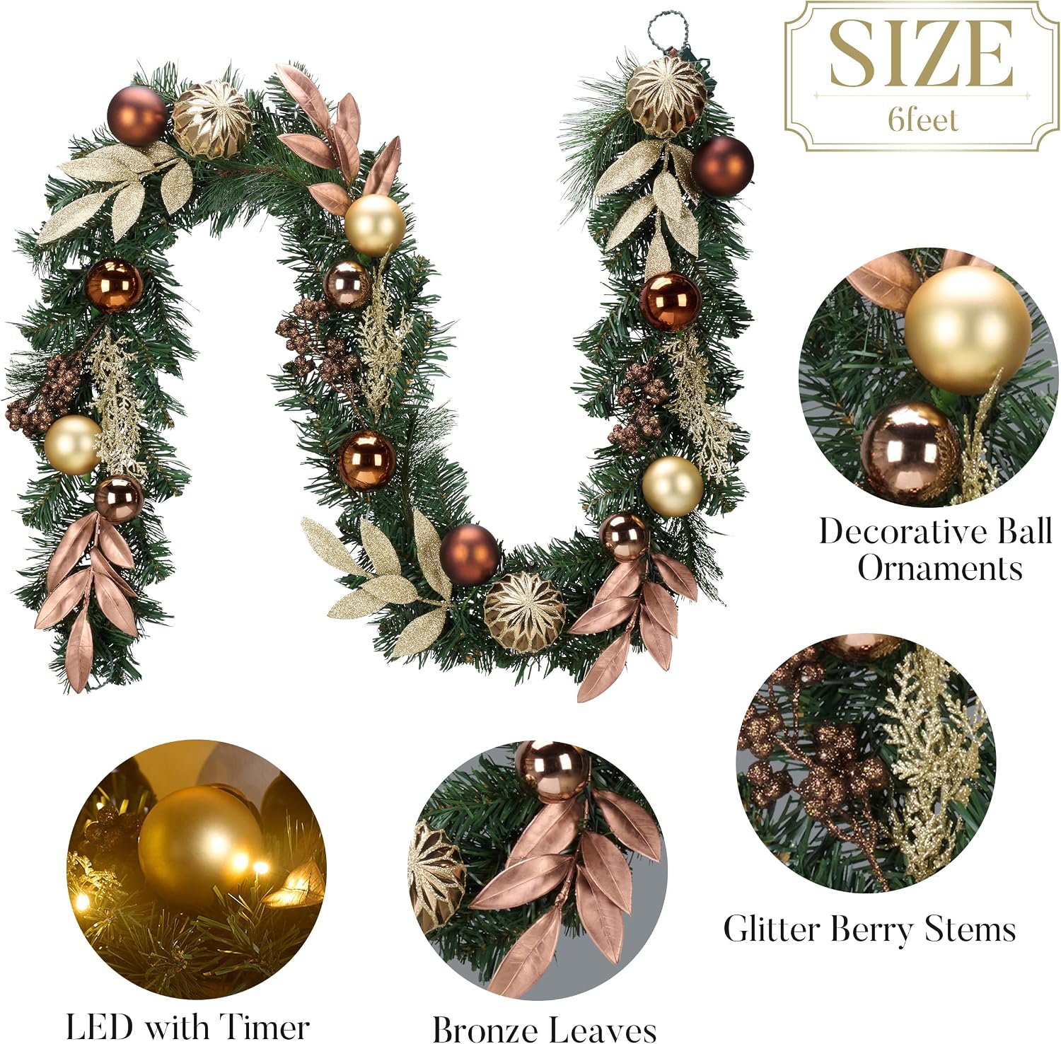 Valery Madelyn 6 Ft Pre-Lit Christmas Garland with Lights for Mantle, Lighted Outdoor Xmas Garland with Copper Gold