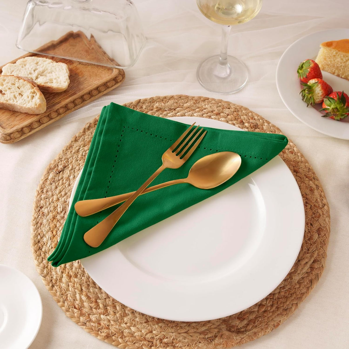 Blue Needles Set of 12 Hemstitch Linen Napkins 100% Cotton Cloth Dinner Napkins 18x18 inches, Soft Reusable Absorbent