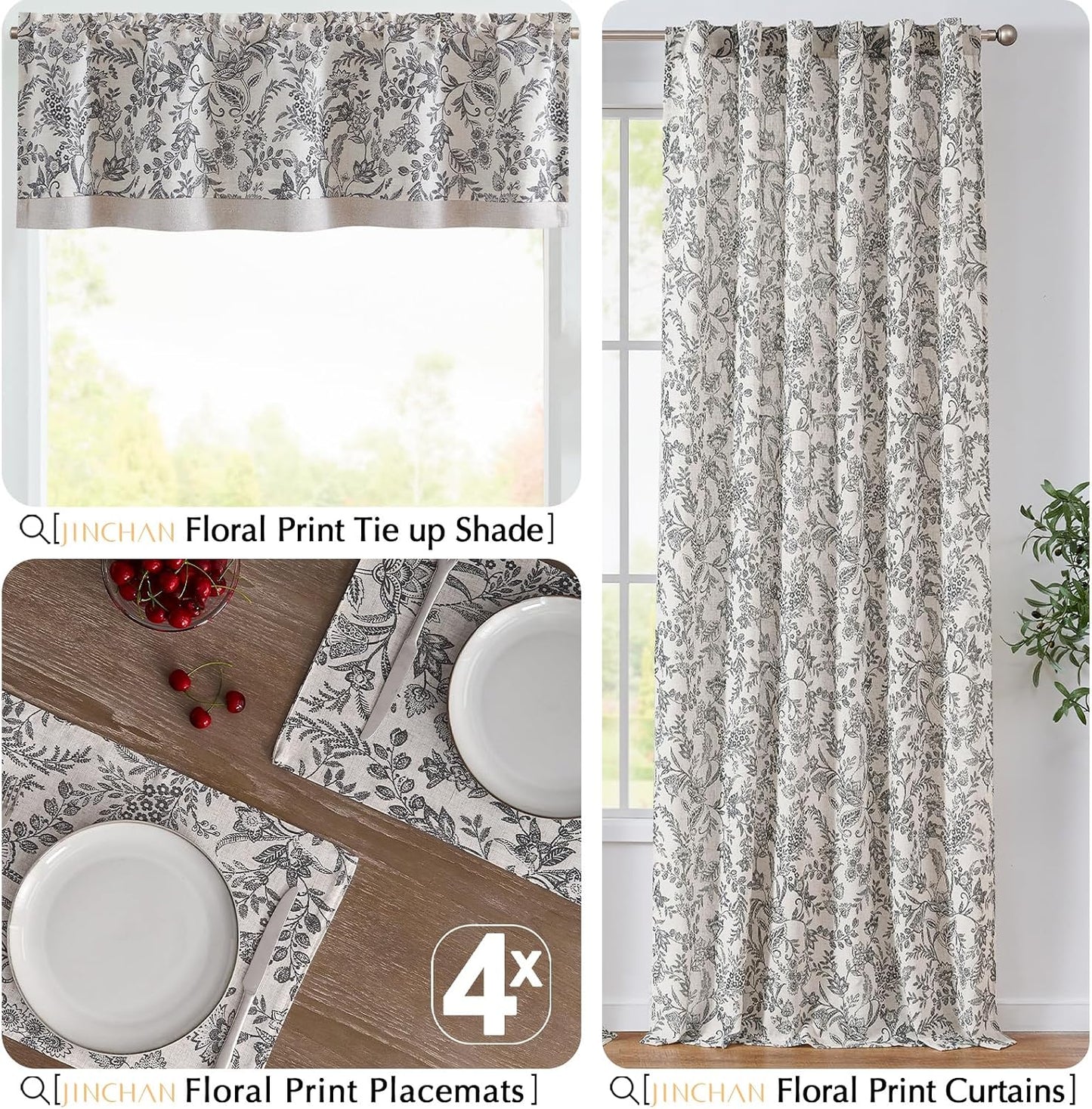 JINCHAN Linen Floral Placemats Set of 4 Farmhouse 13x19 Inch Black | Fabric Placemats, Cottage Style, Vintage Botanical