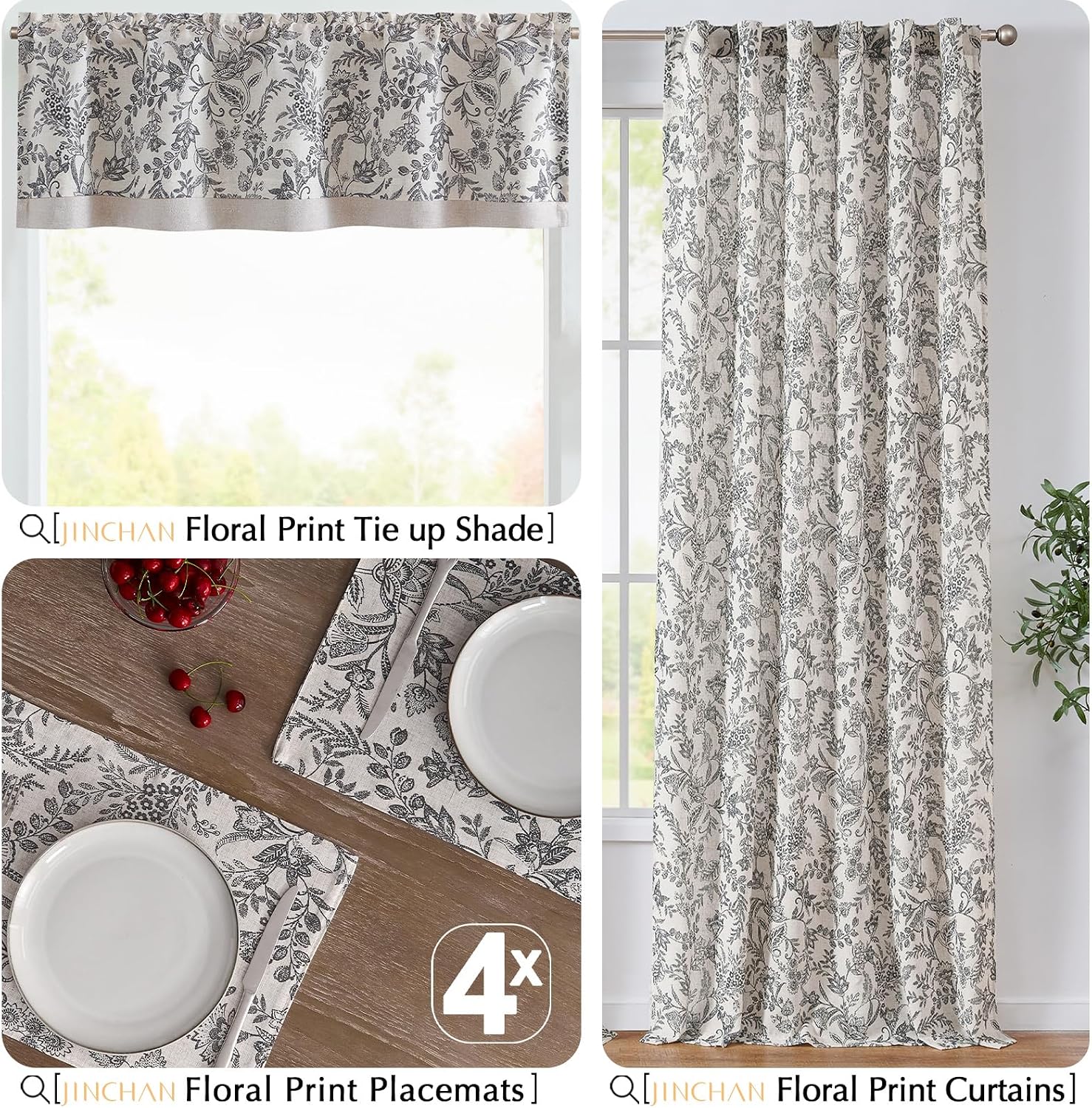 JINCHAN Linen Floral Placemats Set of 4 Farmhouse 13x19 Inch Black | Fabric Placemats, Cottage Style, Vintage Botanical