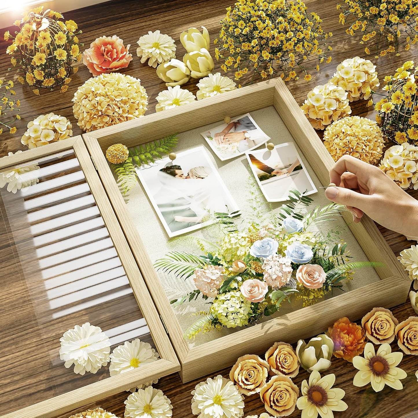 SZQINJI Shadow Box Frame 11x14 Deep Diamond Shape Display Cases, Natural | Wood Memory Box, Front-Opening Glass Door