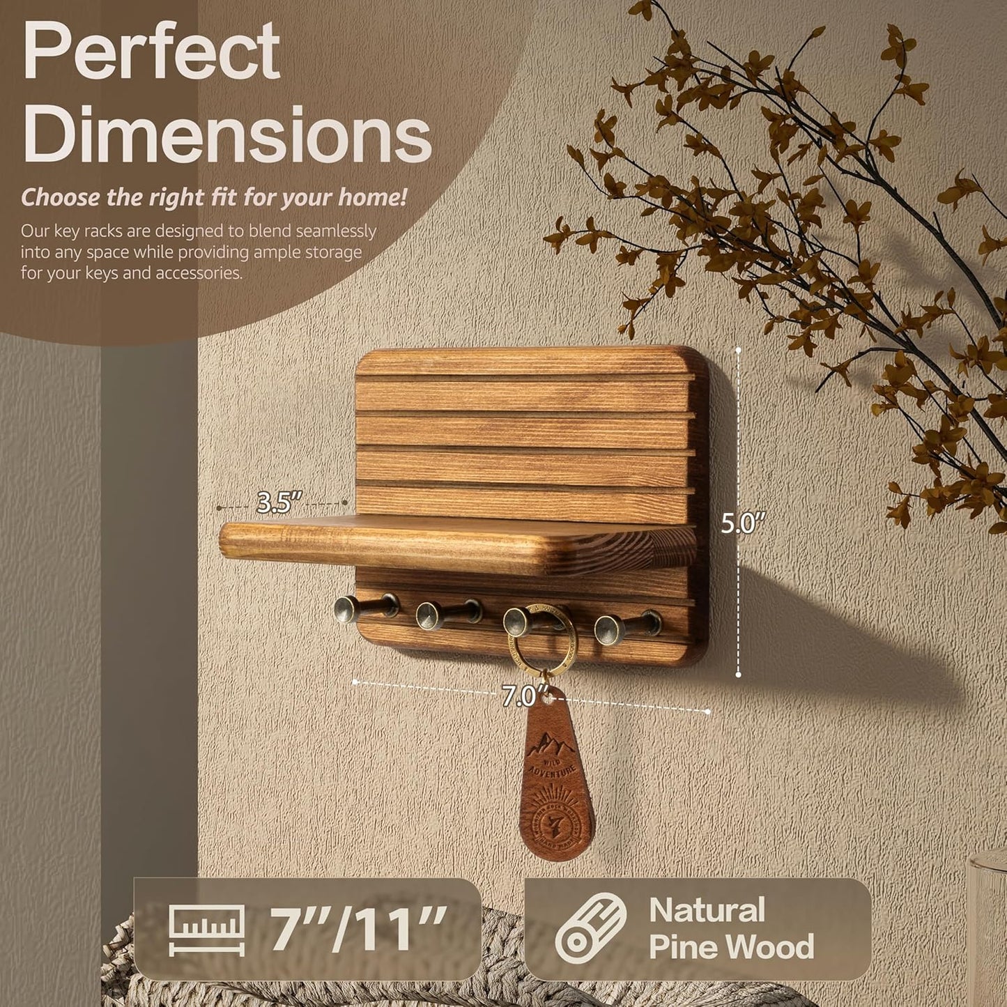 Decorative 7- Pine Wooden Key Holder / Yellow / Small-7inch