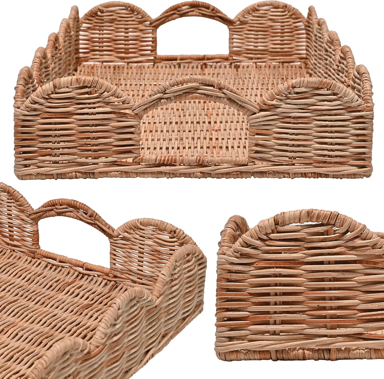 TRY1000B Scalloped 21.5" Southwestern Cottage Hand-Woven Rattan Tray / Light Brown