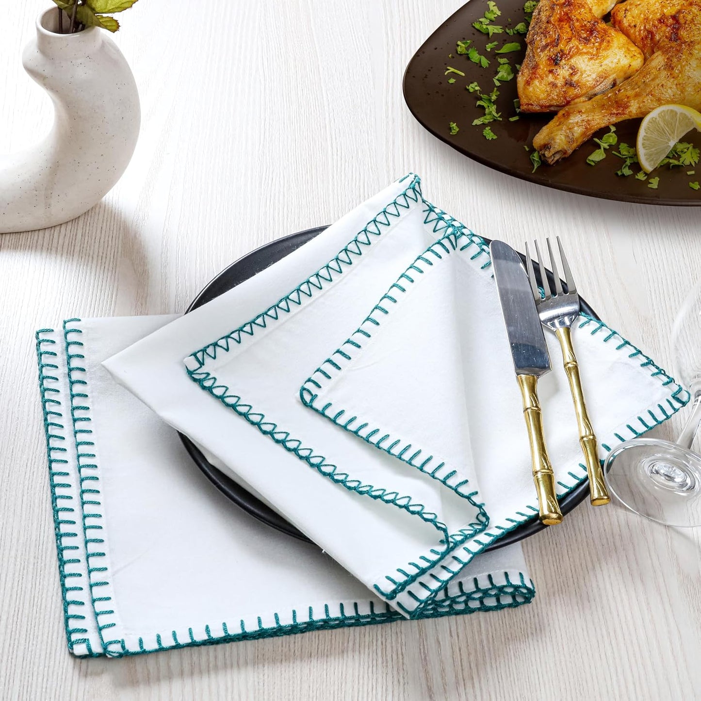 Bedding Craft Cotton Cloth Dinner Napkins Set of 12 –18x18 Funfare Multi-Color Fabric Napkins with Blanket Stitch