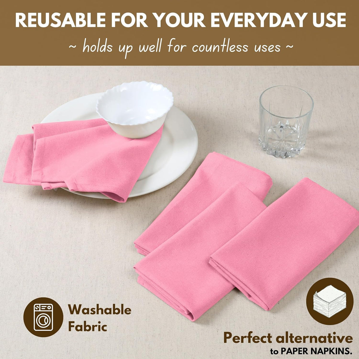 Native Fab Cloth Dinner Napkins, 12 Pack, 100% Cotton, 17x17 Inches, Soft, Absorbent, Premium Hotel Quality Table
