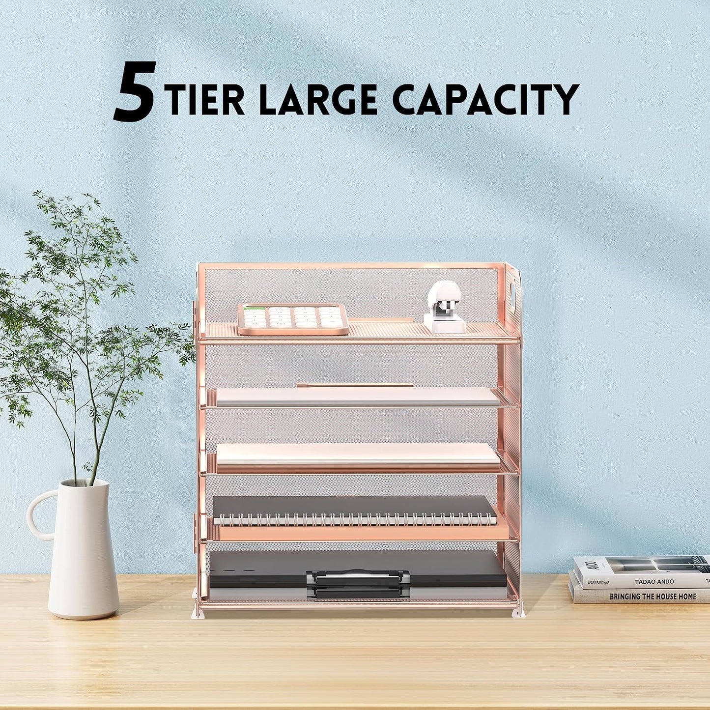 5 Trays Paper Organizer Letter Tray with Handle-Mesh Desk File Organizer, Paper Sorter Desk Organizer for Office, Home