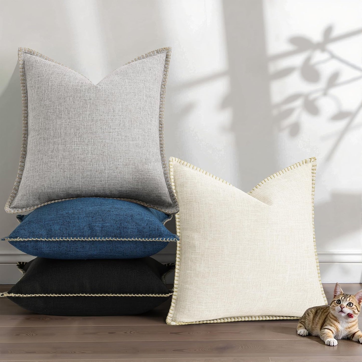 Fall Decorative Throw Pillow Covers Square Faux Linen Farmhouse / Cream White / 18 x 18 / Set of 2
