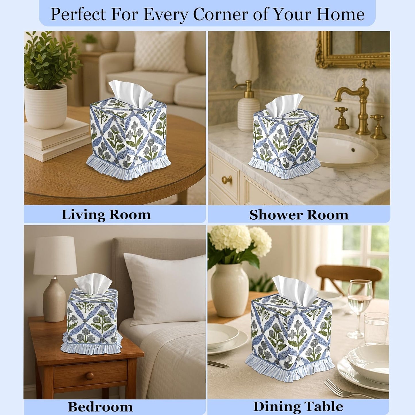 Block Print Ruffle Tissue Box Cover Handmade Cotton Decorative Square Napkin / Light Steel Blue