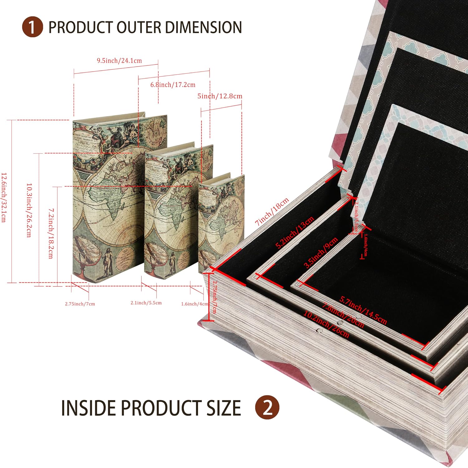 Decorative Wooden Book Boxes / 3 x Map / Set of 3