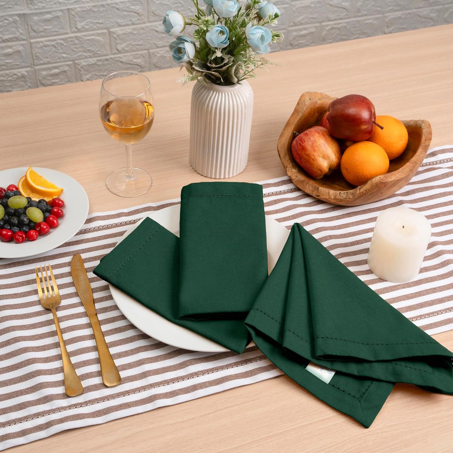 Blue Needles Set of 6 Hemstitch Linen Napkins 100% Cotton Forest Green Cloth Dinner Napkins 18x18 inches, Soft