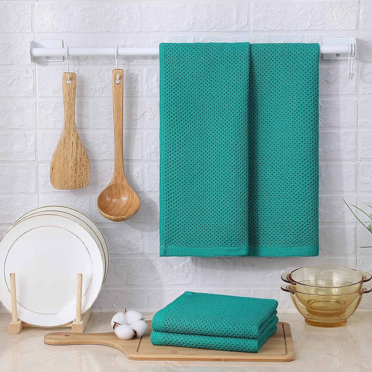 Kitinjoy 100% Cotton Waffle 8-Pack Kitchen Towels, 13" x 28", Teal | Super Soft, Ultra-Absorbent, Fast Drying