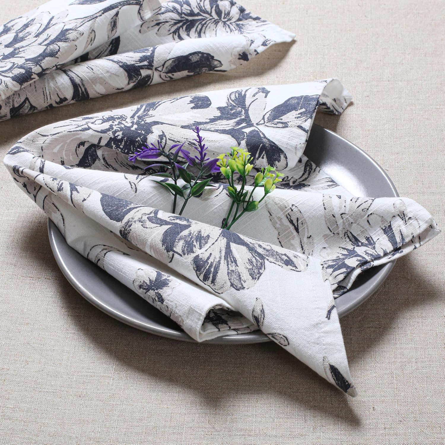 Palisa Floral Print Cloth Napkins Set of 12, 18x18 Inch, (Grey & Beige) | 100% Cotton Dinner Napkins | Reusable &
