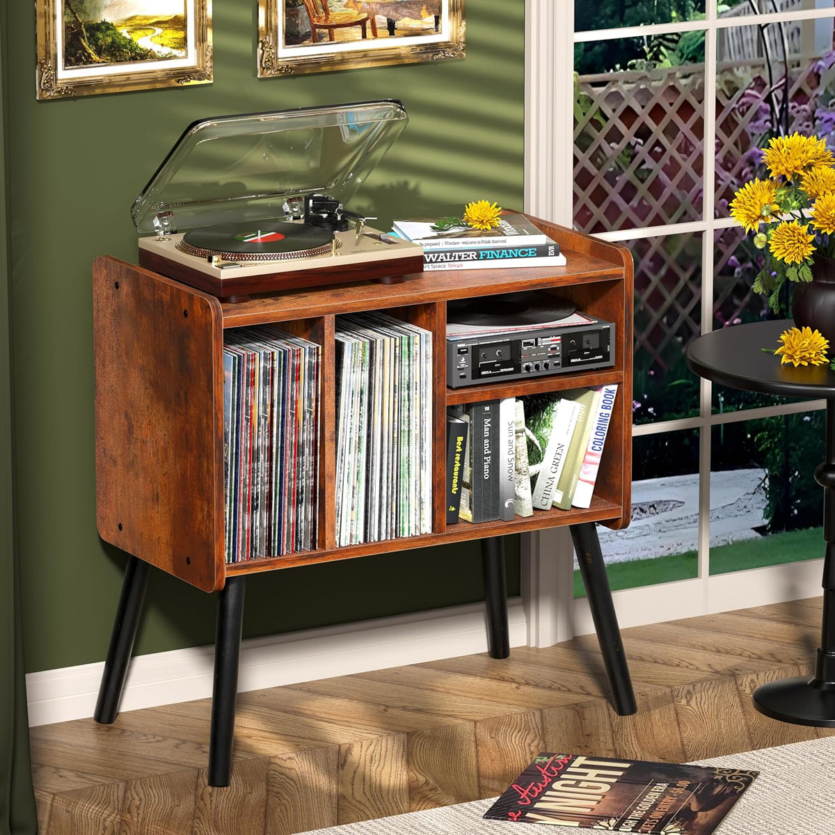 Record Player Table, Mid-Century Record Player Stand Hold Up to 150+ Albums | with Vinyl Storage Vinyl Record Cabinet