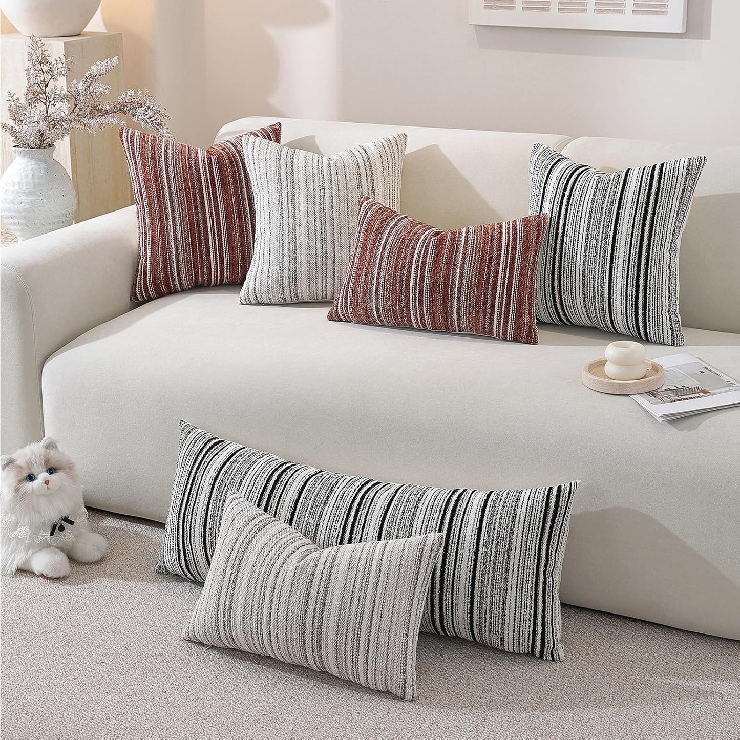 Chenille Throw Decorative Pillow Covers / Coffee Stripe / 18 x 18 / Set of 2