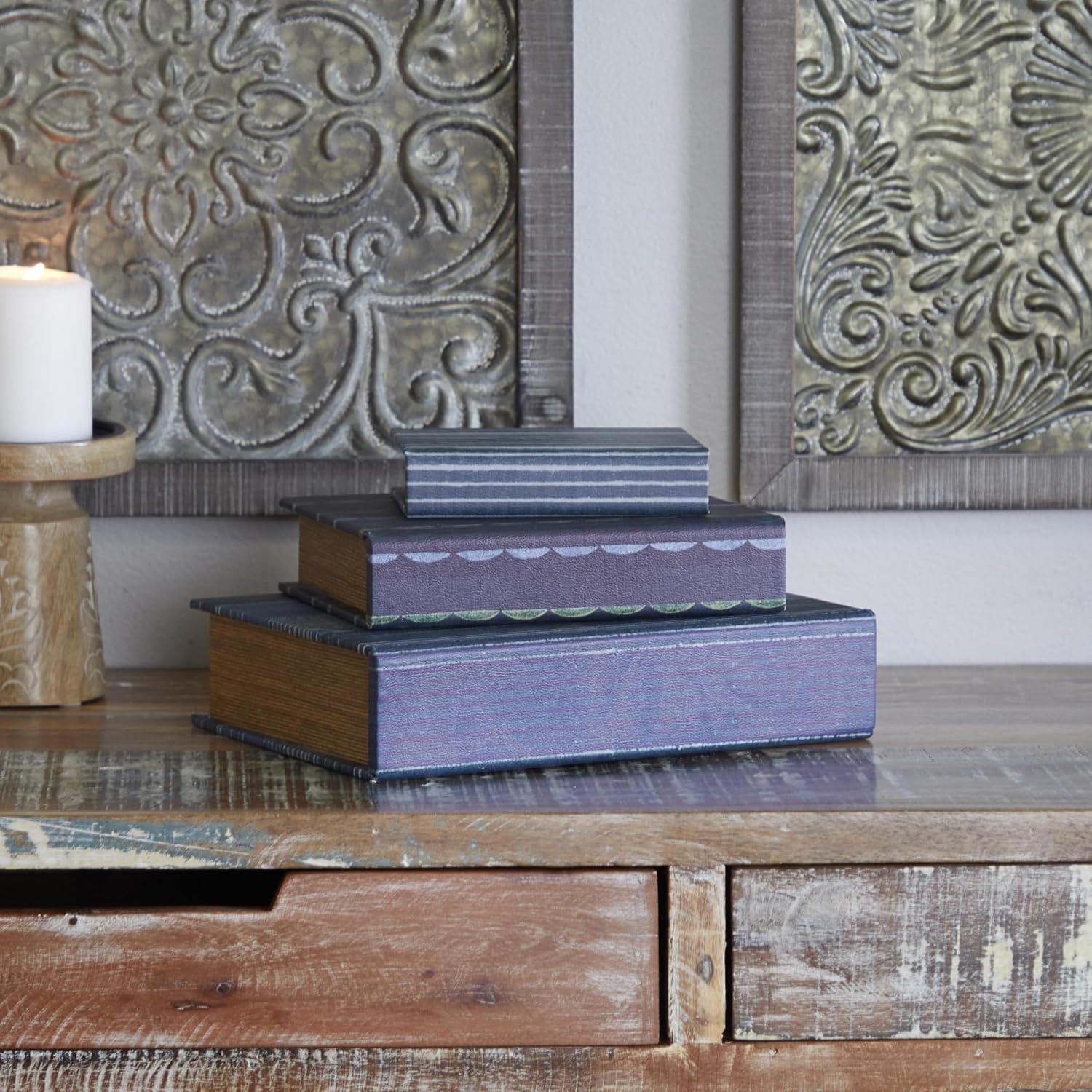 Faux Leather Decorative Box Faux Storage Book Book Shaped Boxes / Blue / 11.80", 9", 6"H / Set of 3
