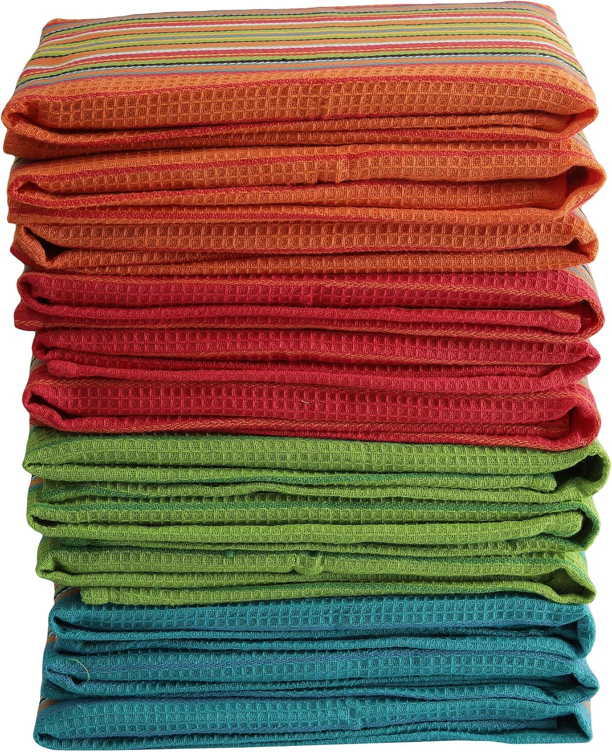 Salsa Stripe Kitchen Dish Towels, 100% Cotton, Highly Absorbent, Multi Purpose Waffle Tea Towels for Cooking, Drying &