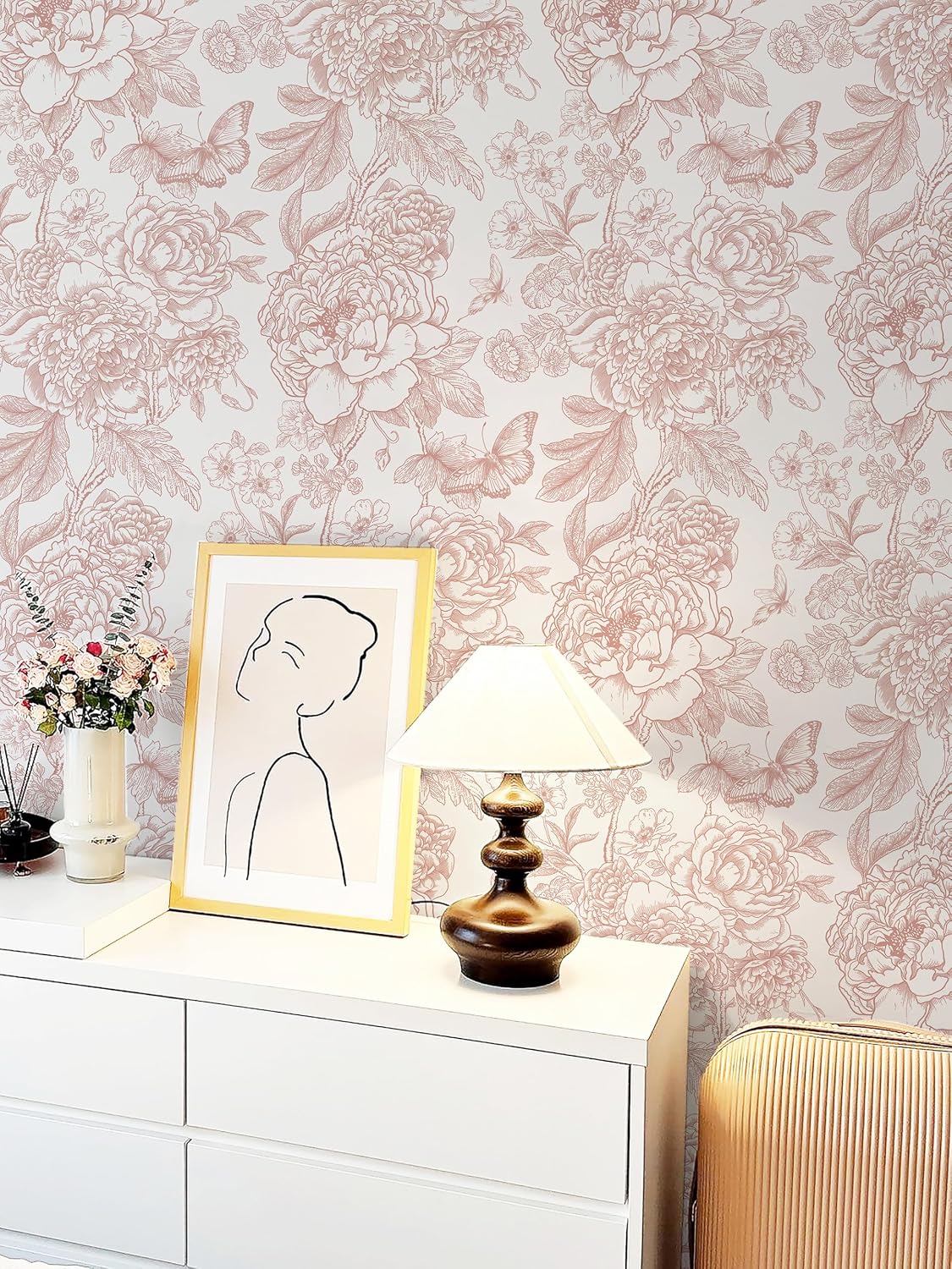 Floral Peel and Stick Wallpaper Boho Contact Paper 17.3''x197'' Peony / 17.3 x 197 / Pink and White