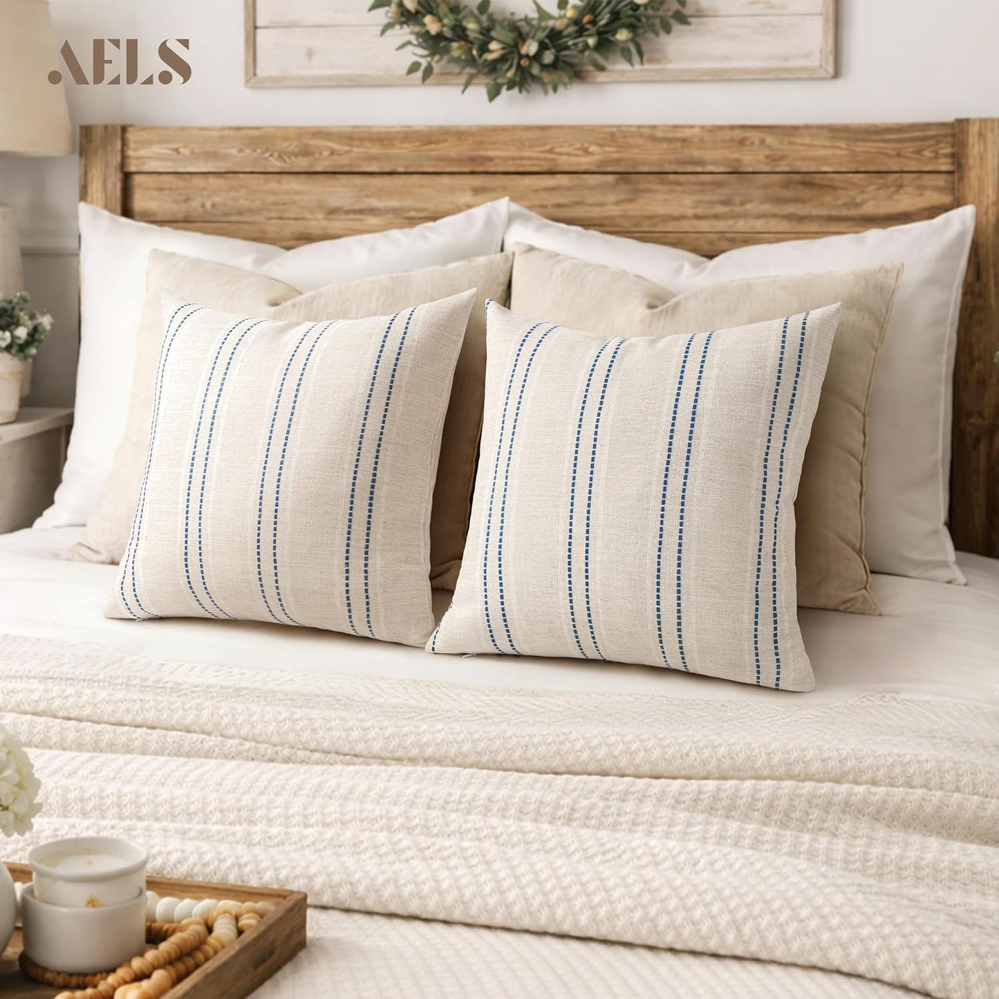 Boho Textured Pillow Case / Beige with White & Navy Blue / 18 x 18 / Set of 2