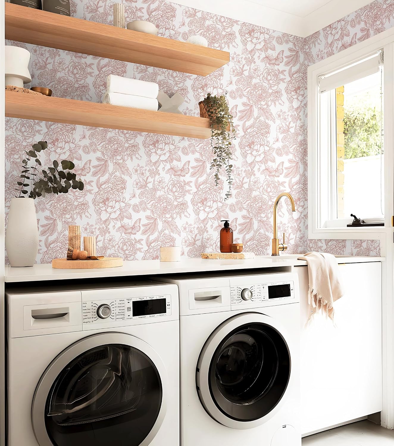 Floral Peel and Stick Wallpaper Boho Contact Paper 17.3''x197'' Peony / 17.3 x 197 / Pink and White