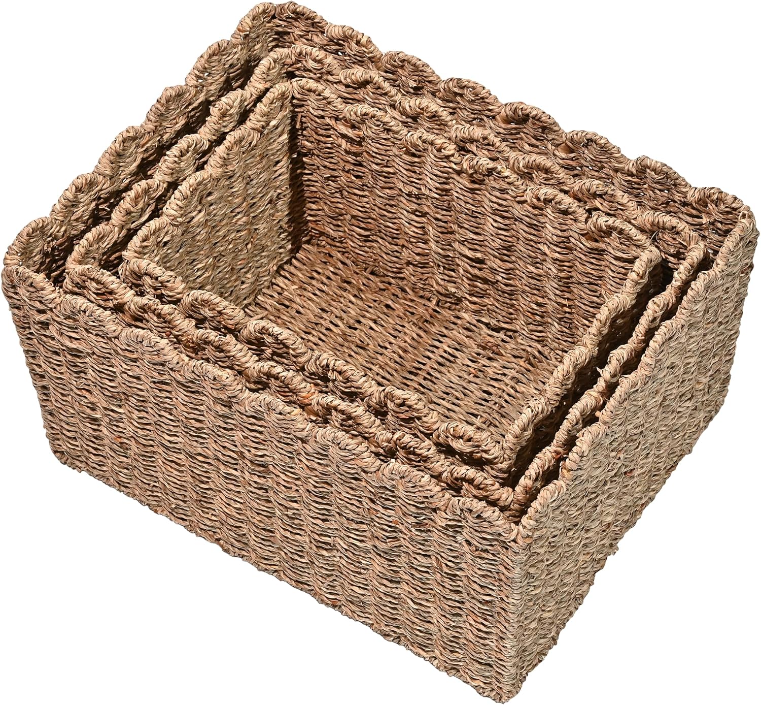 BSK2013A- Arden Coastal Cottage Seagrass Scalloped Rectangular Organizing / Natural / Set of 3