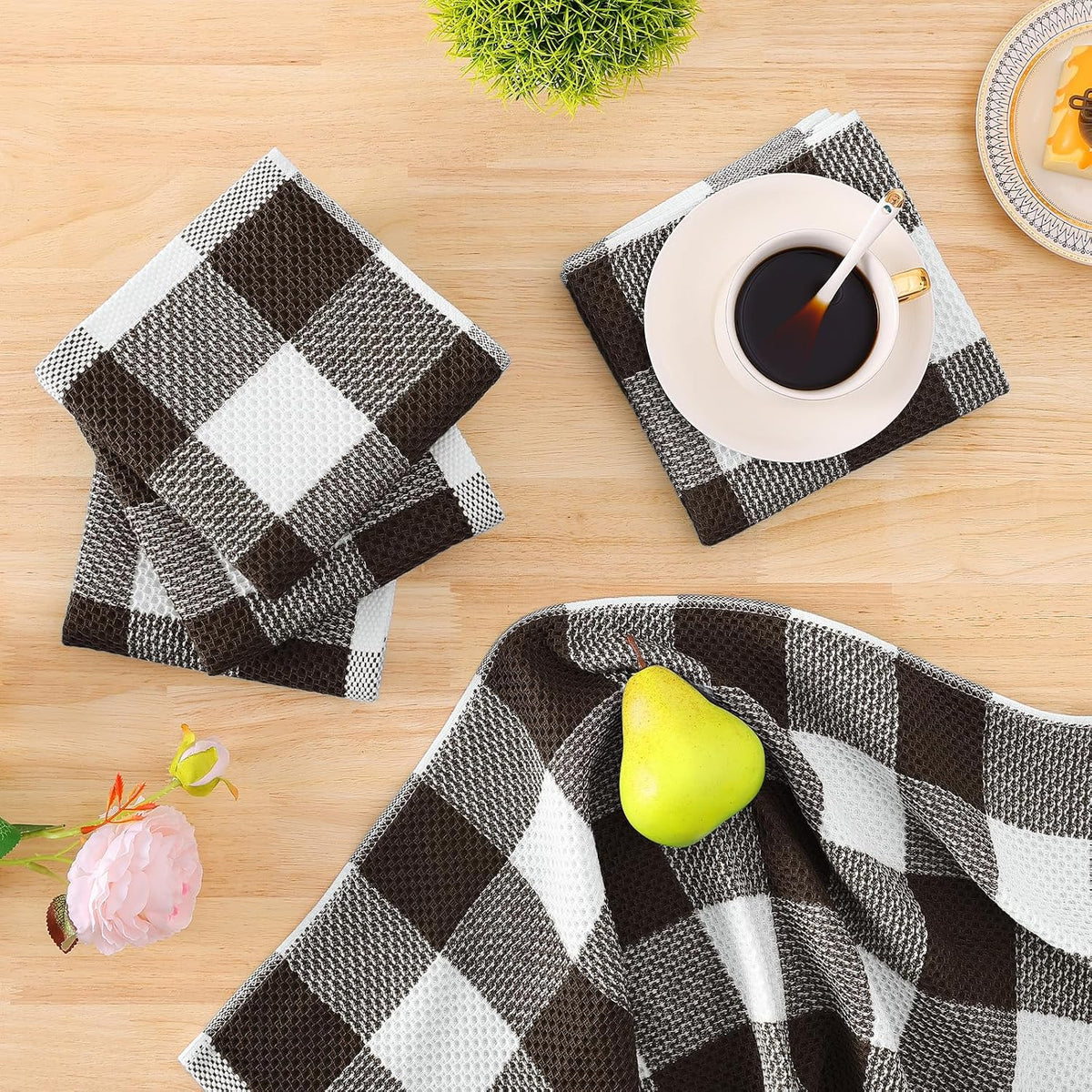 Homaxy Kitchen Towels and Dishcloths Set, Set of 10, White & Dark Brown | Bulk Cotton Waffle Weave Check Plaid Kitchen