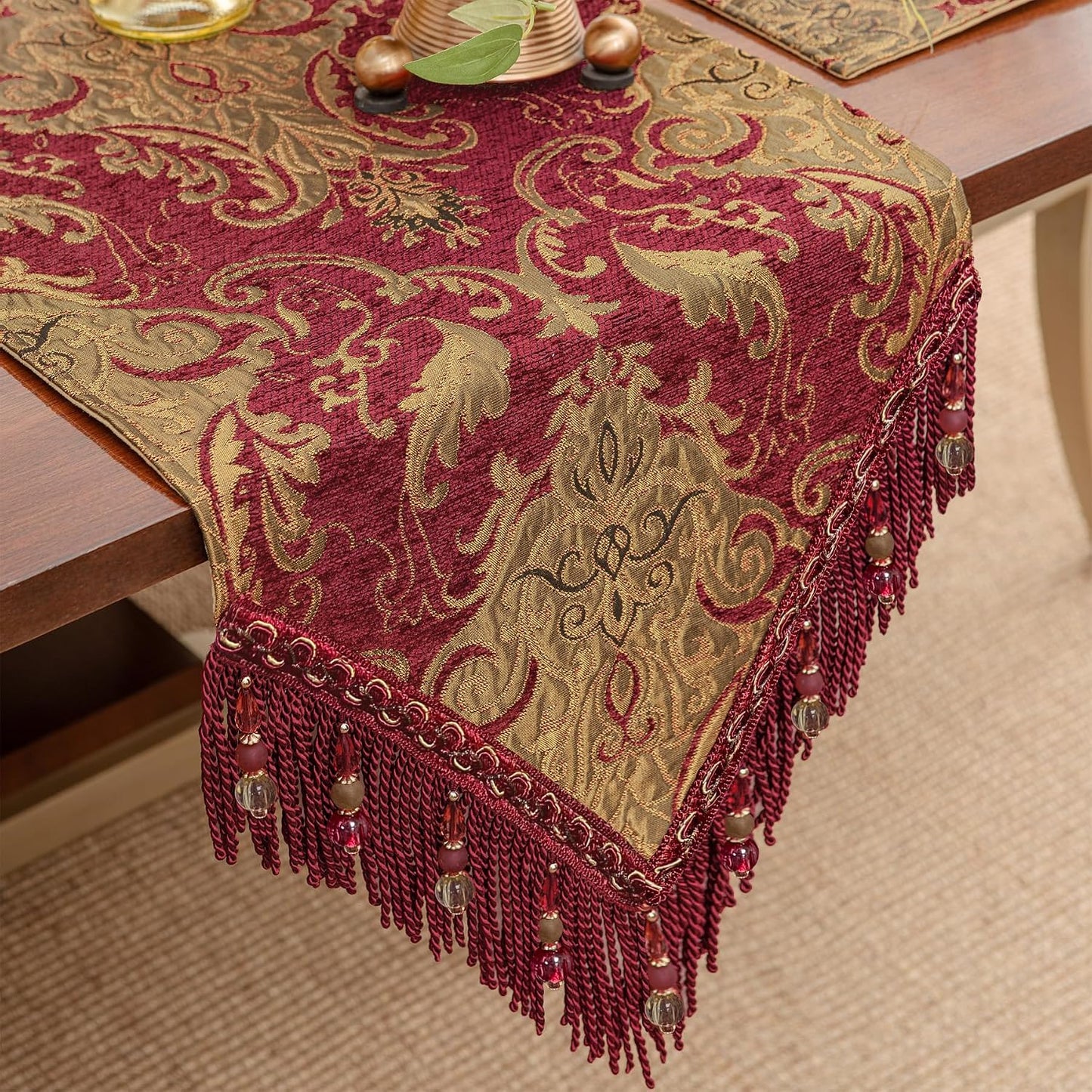 Loom and Mill Luxury Vintage Chenille Table Runner 108 Inches Long, Red | Damask Jacquard Table Runners with